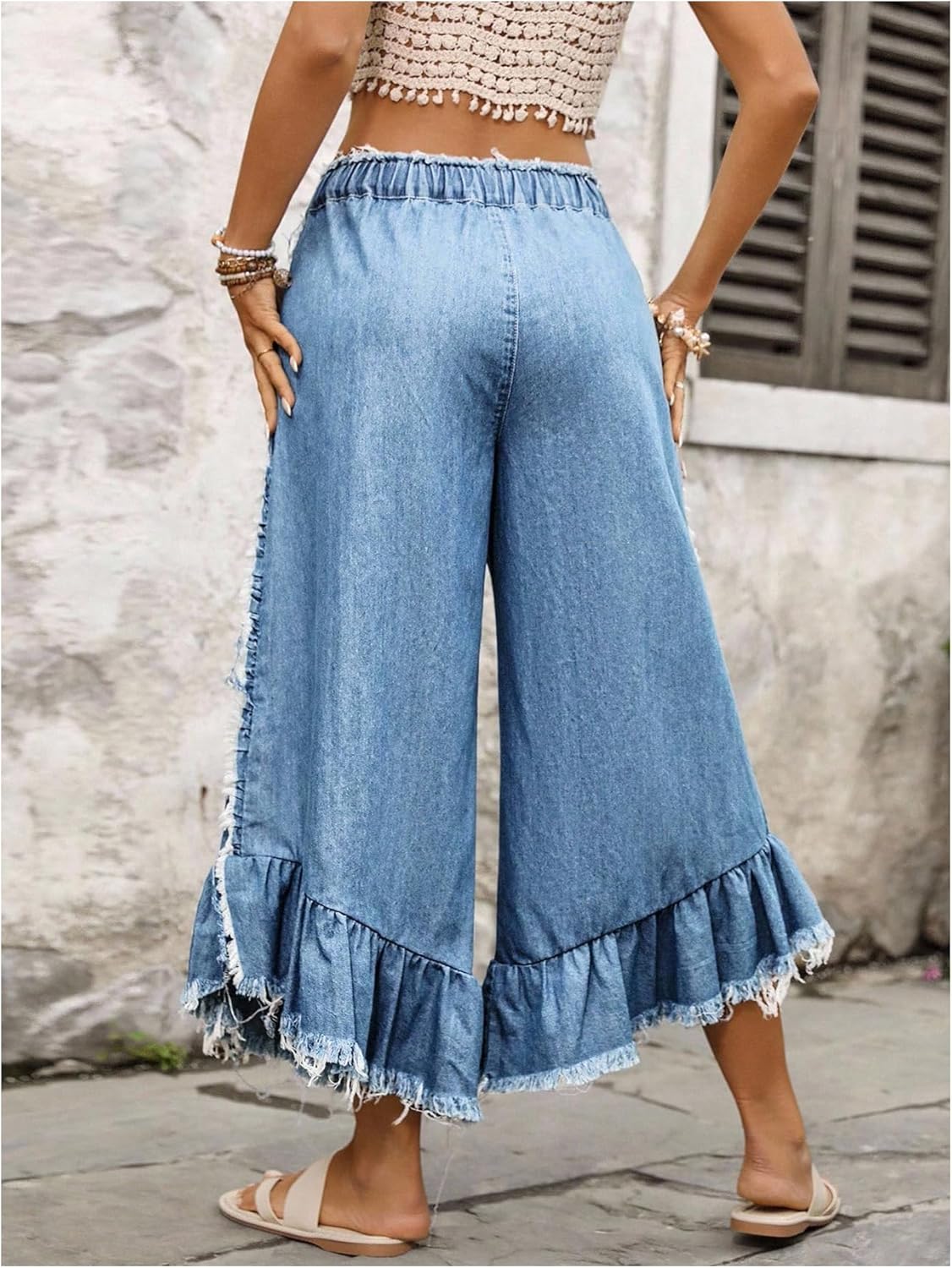 WDIRARA Women's Plus Size Ruffle Wide Leg Cropped Jeans Drawstring Waist Frayed Denim Pants - Image 3