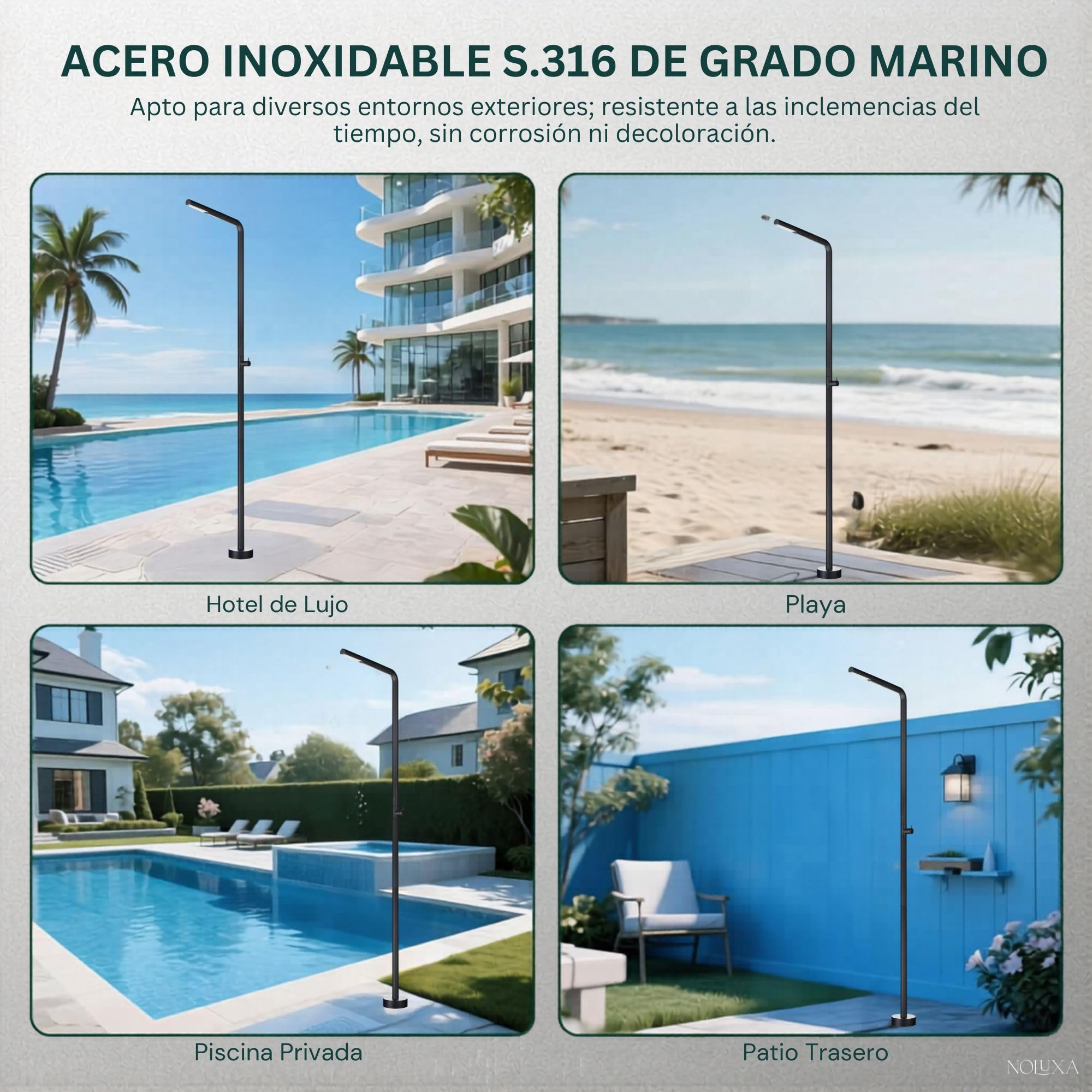 NOLUXA IMEX - Ducha Piscina Exterior Acero S.316 Negro Mate | Ducha Empotrada Suelo para Jardín, Piscina y Terraza | Grifería 1 vía (Agua Fría) con Rociador y Tratamiento Anticorrosión | Serie Texas