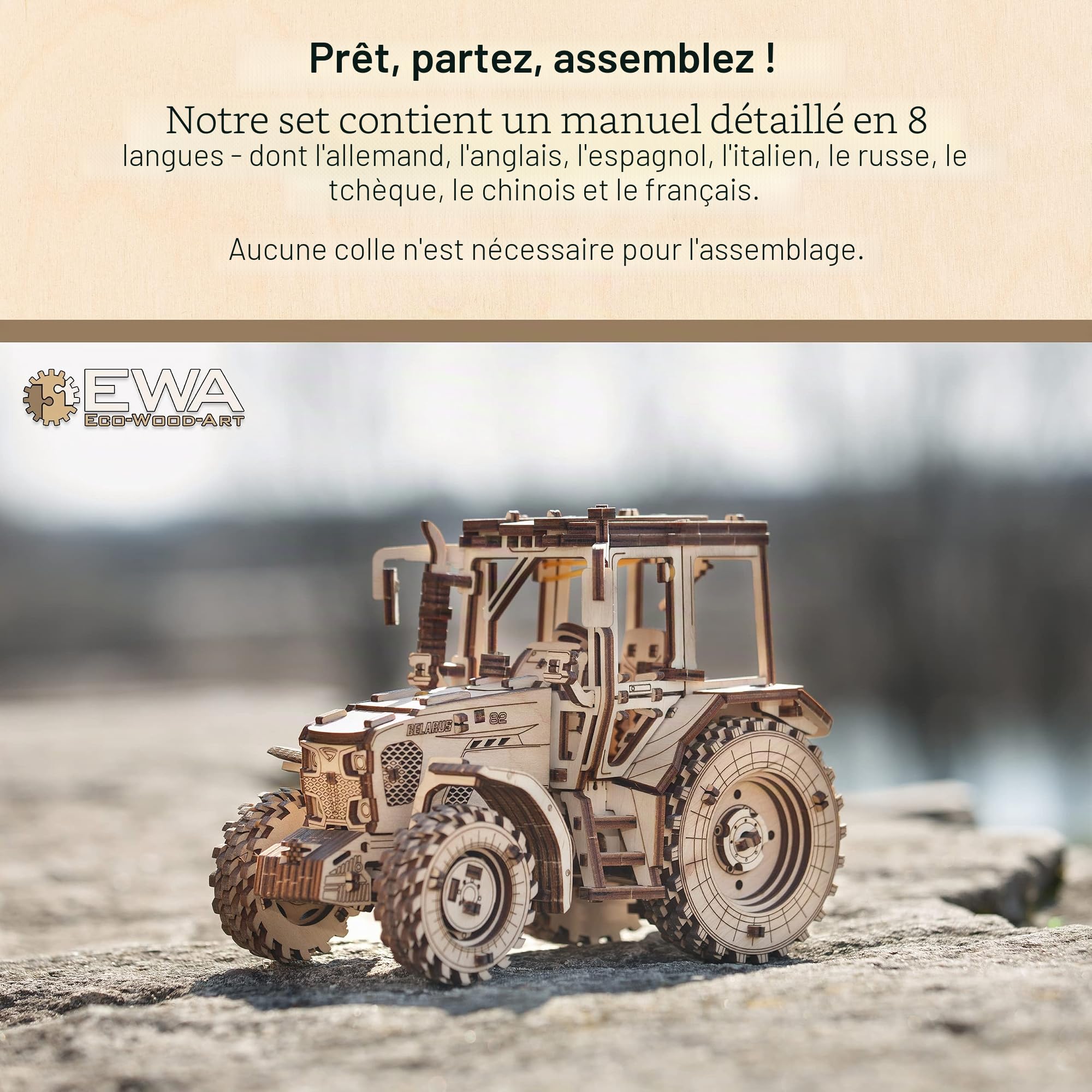 EWA Eco-Wood-Art - Tractor BELARUS-82 - Puzzle 3D mécanique en Bois - Casse-tête pour Adultes et Adolescents -à Monter soi-même sans Colle- 269 pièces, Naturel