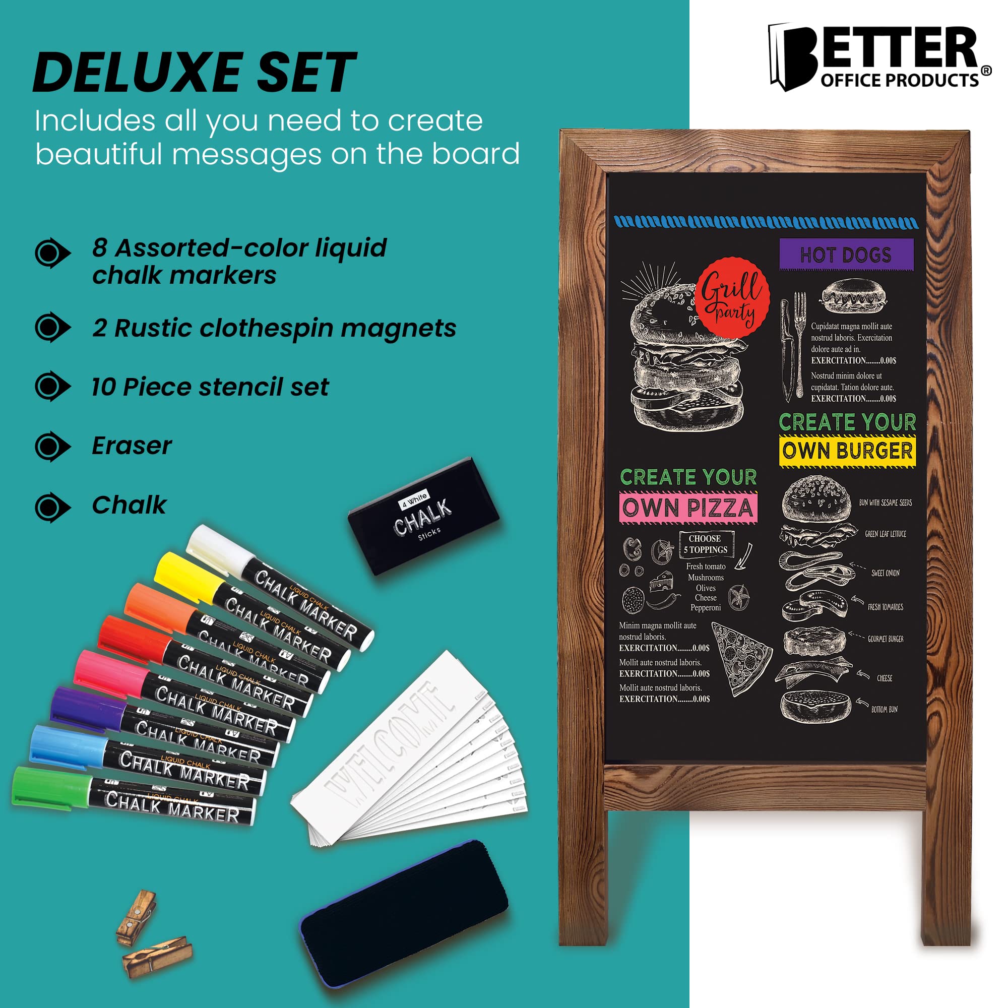 Better Office Products Letrero magnético de pizarra con marco en A, extra grande de 20 x 40 pulgadas, caballete de pizarra de pie, juego de lujo con múltiples accesorios, letrero de tablero sándwich