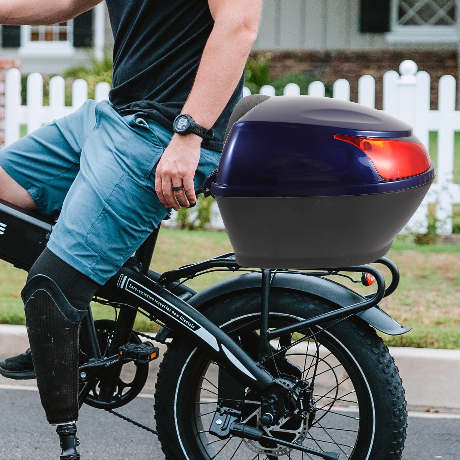 Coffre Arrière pour Scooter Électrique Bleu Boîte de Rangement Verrouillable en Plastique Résistant Top Case Moto 30L Étanche pour Transport Sécurisé et Usage Quotidien