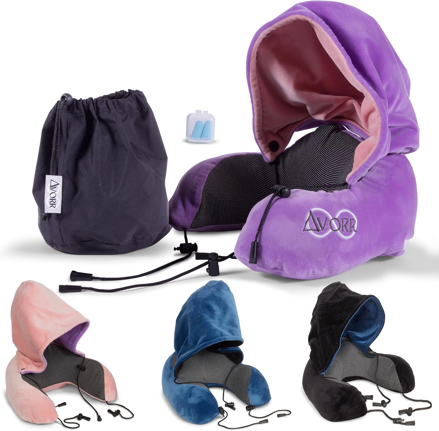 2-in-1 Memory Foam Pillows with Reversible Cover and Hood for Neck Support During Travel (Pink/Purple Lilac)
