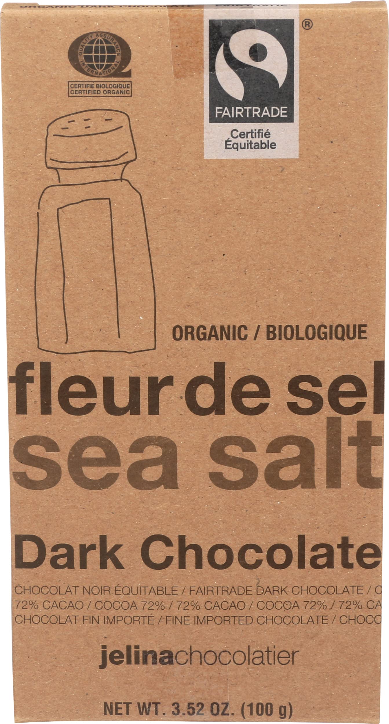 JELINA CHOCOLATIER Organic Sea Salt Chocolate Bar 72%, 3.52 OZUSDA Organic