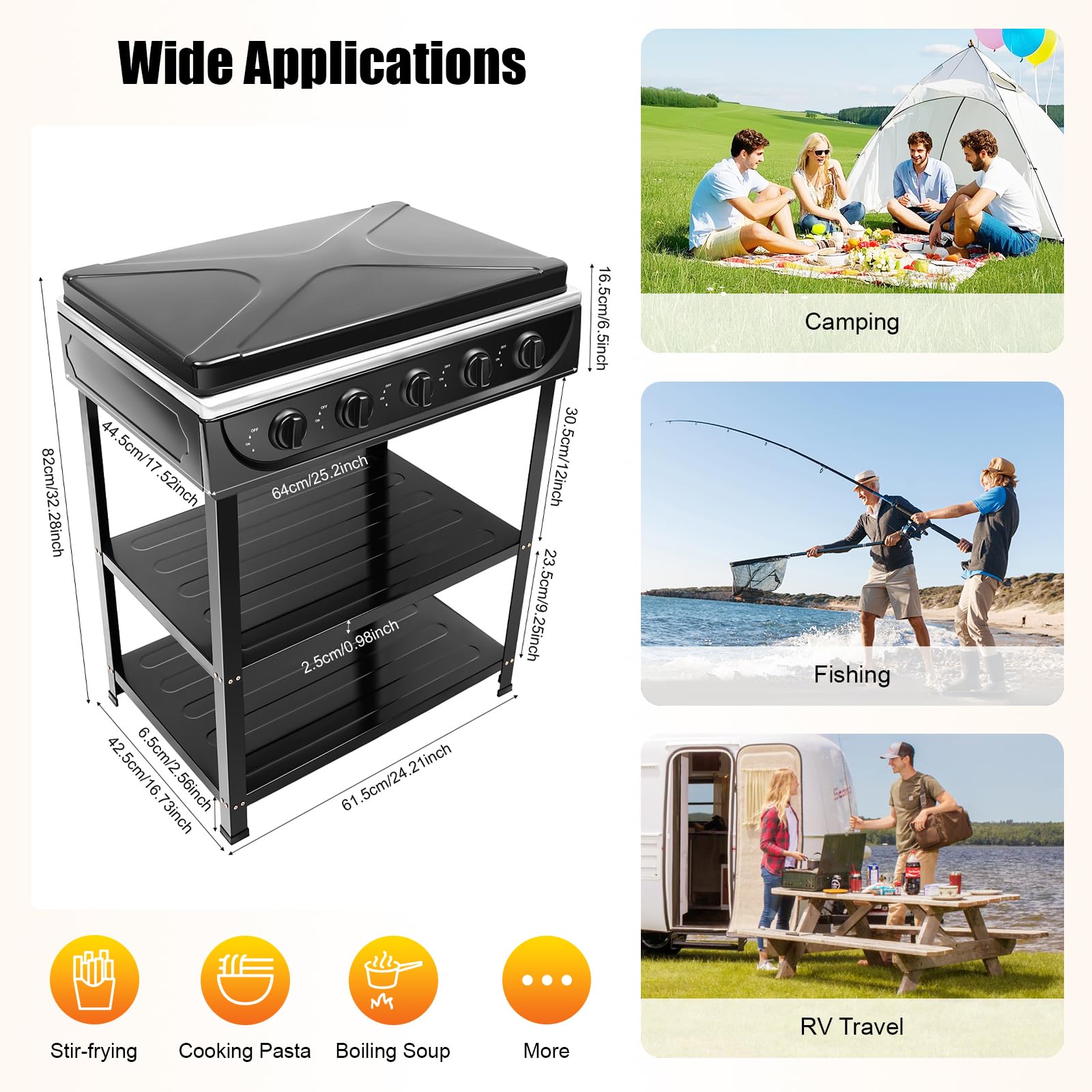 Kuchenka gazowa z 5 palnikami, 2,5 kW, przenośna kuchenka gazowa do NG/LPG z 2 wkładanymi półkami i pokrywą, wolnostojąca kuchenka kempingowa do ogrodu, grilla BBQ, do kampera, mieszkania, gotowania