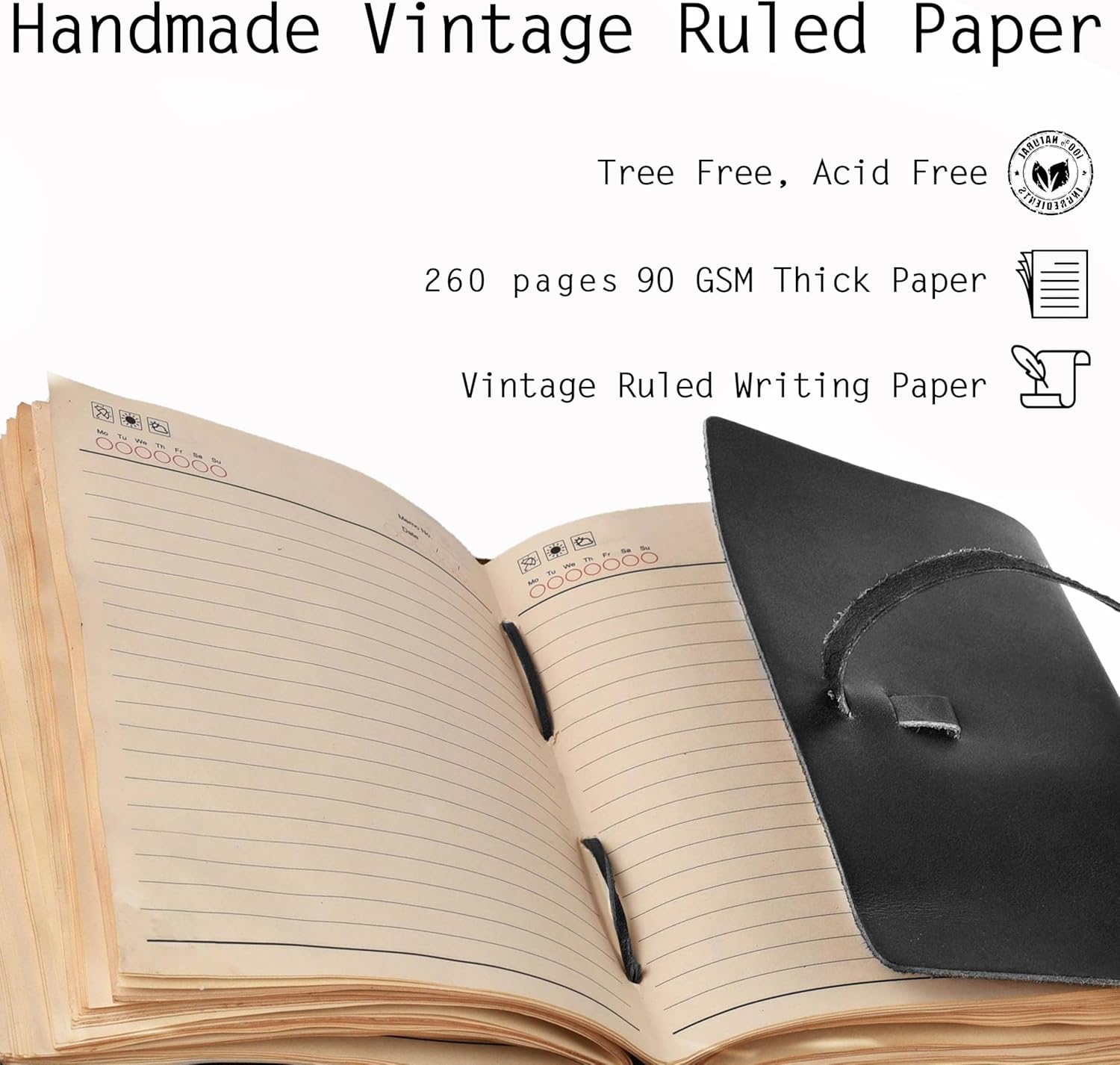LEATHER VILLAGE Lined Paper Leather Bound Journal-260 Pages, Black, 8 X 6 Inches (A5) - Book of Shadows - Writing Notebook, Daily Notepad, Travel Diary For Women/Men