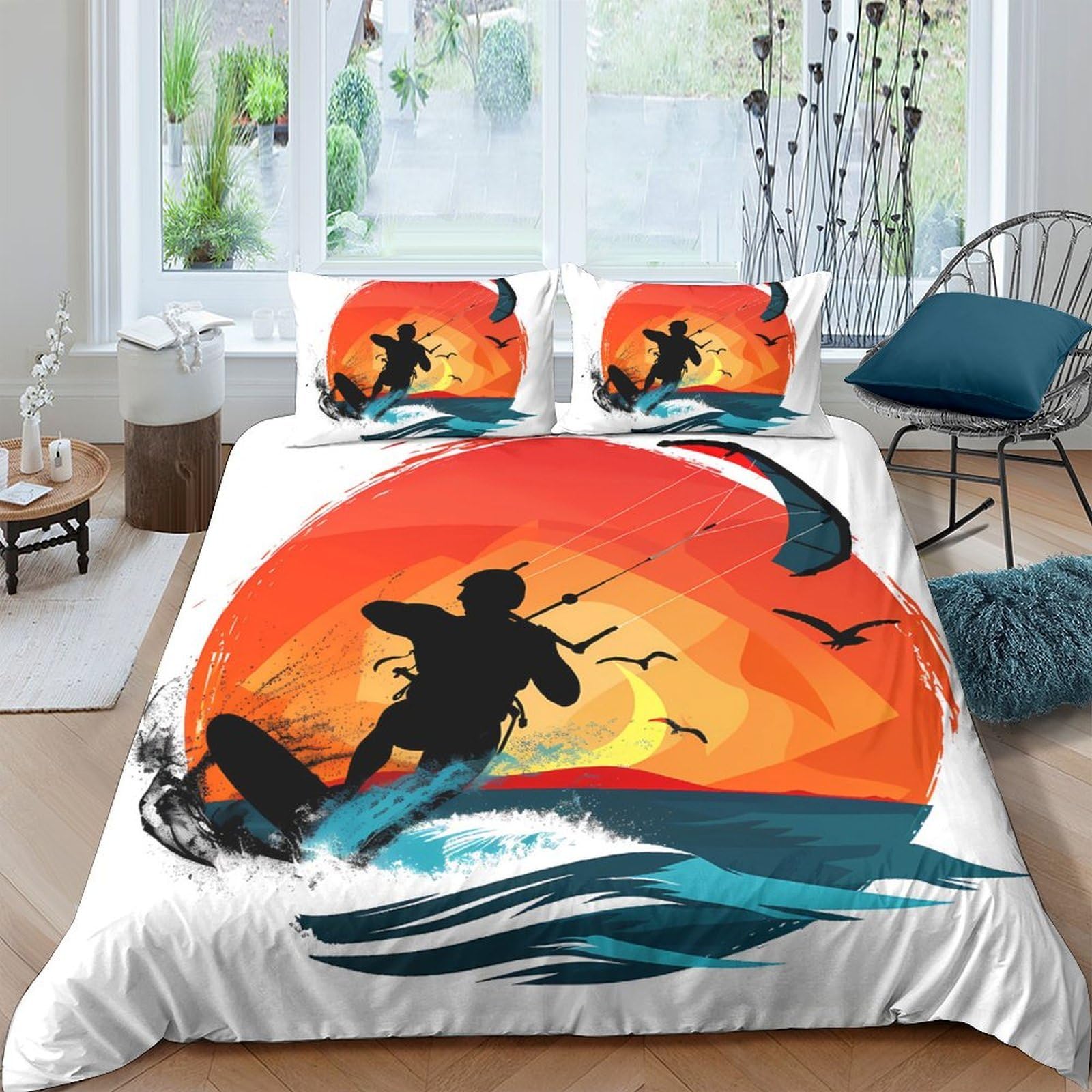 Ctjqhvkz Style-7 3D Printed Sunset Surfing Fitted Sheet Microfiber Soft Orange Blue Ocean Wave Bed Cover Bedroom Decor Single（135X200cm）