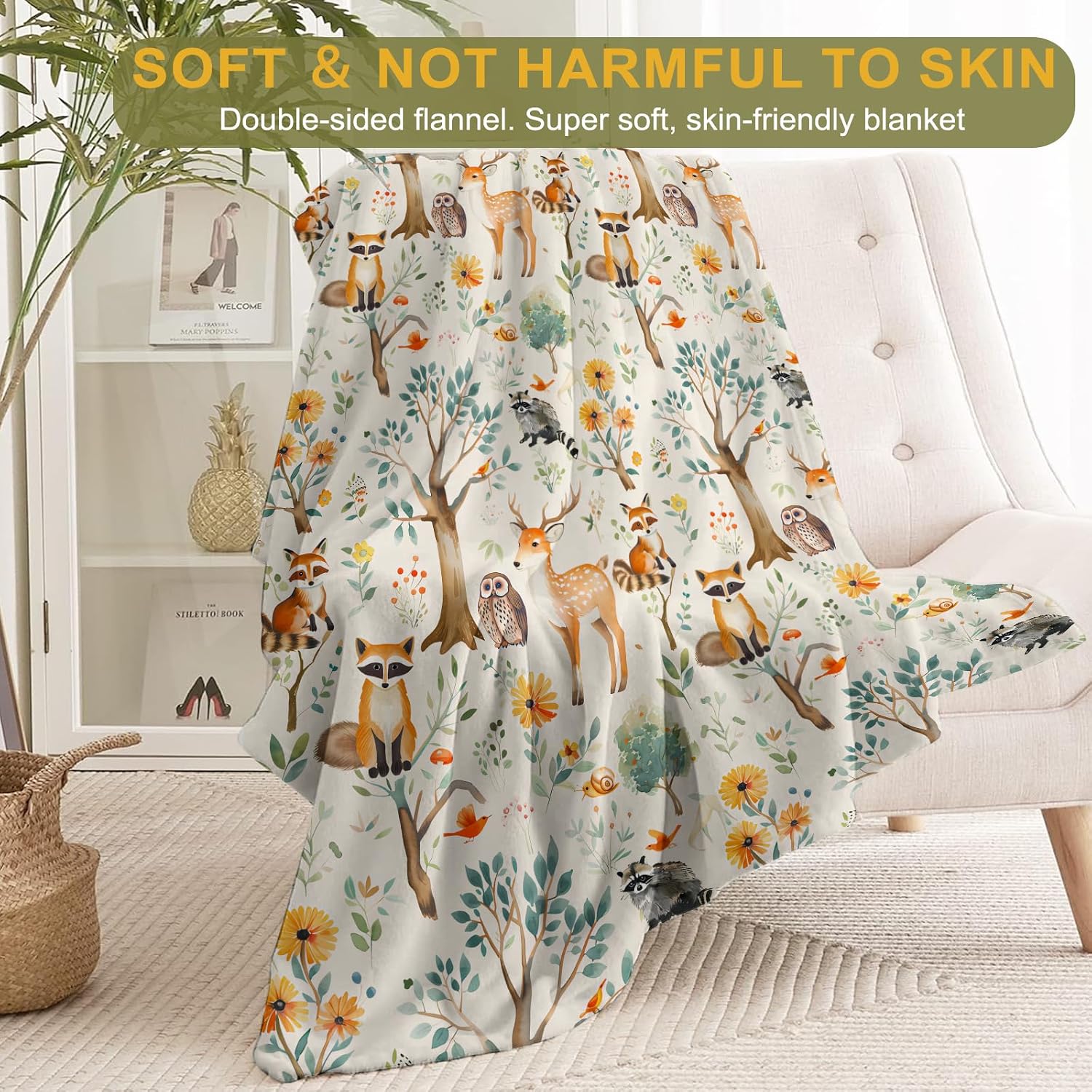Whimsical Woodland Animal Throw Blanket- Ultra Soft, Fleece, Lightweight,Foxe,Deer,Owl and Raccoon Forest Scene Blankets, for Couch Room Bedroom Modern Decor, Gifts for Kids Girls 50x60in