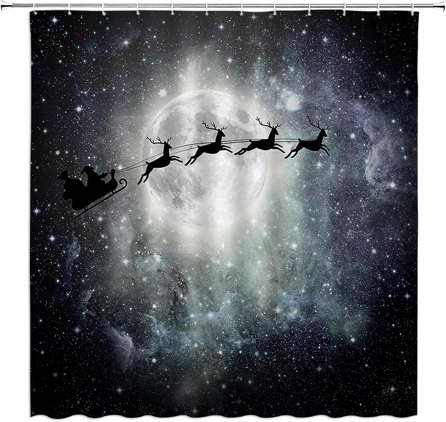 Merry Christmas Shower Curtain Santa Claus Reindeer Sleigh Starry Sky Moon Night Galaxy Xmas Winter Holiday Happy New Year Bathroom Curtain Set with Hooks(108" Wx70 H)