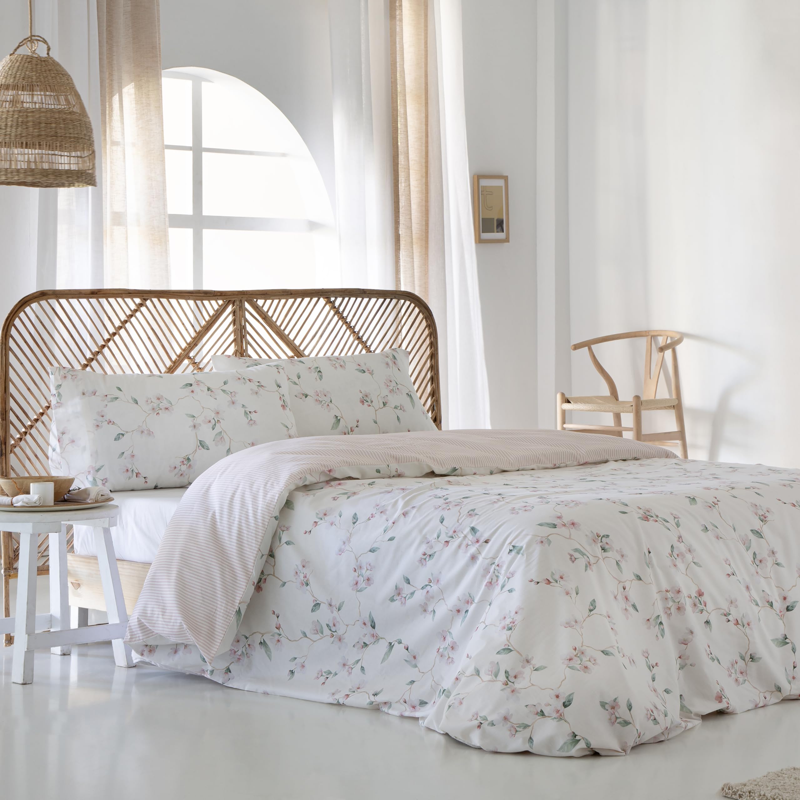 COTTON ARTean Funda nordica ALGODÓN 100% 144 Hilos PARRES Beige Reversible Cama de 200 Incluye Funda nórdica 280x240 + 2 Fundas de Almohada 100% ALGODÓN Cierre con Botones