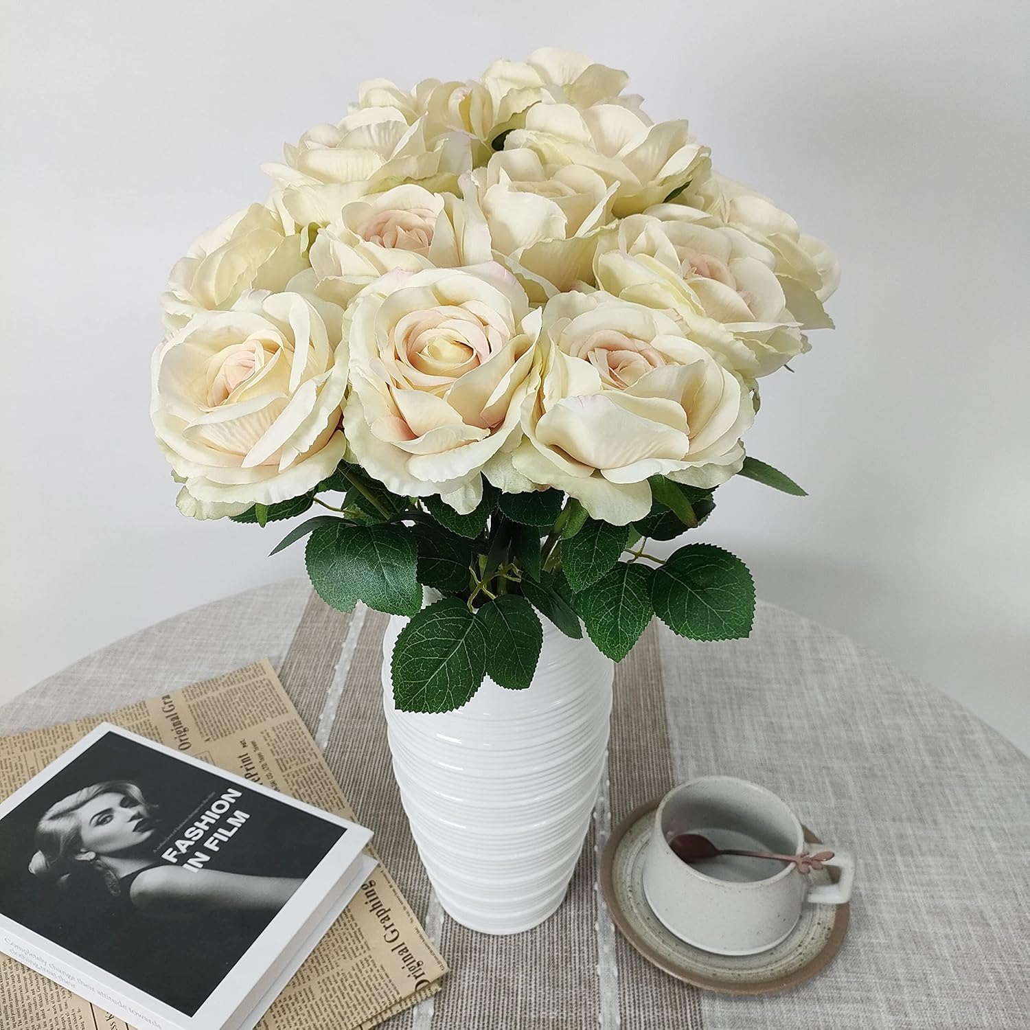 Champange Flowers,12 Pcs Silk Champagne Colored Roses,Flower Diameter 4'',Artificial Fake Faux Plastic Roses With Stems for Wedding Arrangement Centerpieces Party Home Table Decorations(champagne) - Image 4