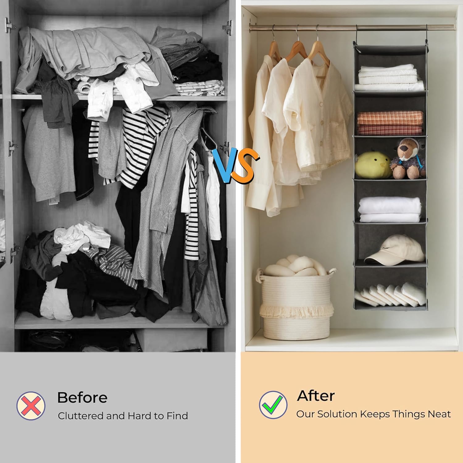 MAX Houser 6 Tier Shelf Hanging Closet Organizer, Closet Hanging Shelf with 2 Sturdy Hooks for Storage, Foldable (Grey) - Image 8