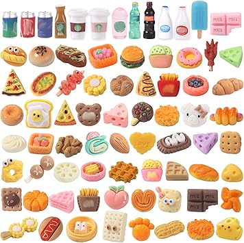 100pcs Miniature Foods Drink Bottles Toys, Mixed Mini Resin Food Drinks Figures Pretend Play Kitchen Game Party Favor Toy for Dollhouse Accessories Decorations