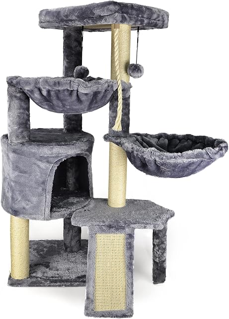 TWDEPART Three Layer Cat Tree With Cat House And Two Hammocks,Grey