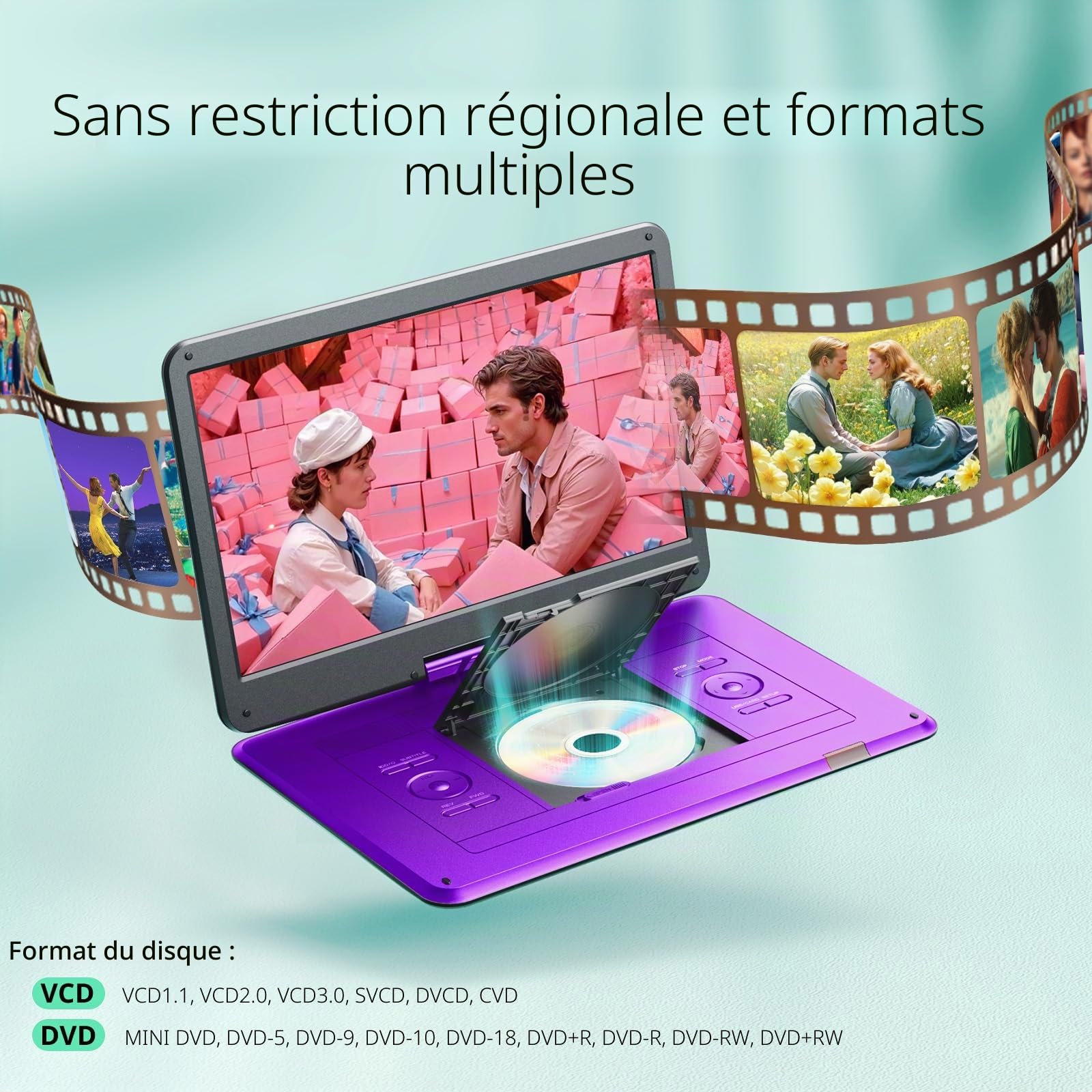 Yoton Lecteur DVD Portable 17,5" Écran Pivotant HD 15,6" Autonomie 6 Heures Batterie Intégrée Haut-parleurs Stéréo USB Carte SD