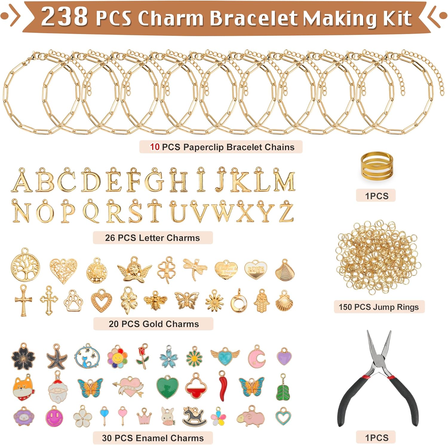 Starry 238PCS Charm Bracelet Making Kit Jewelry Making kit for Adults Including 10 Paperclip Chain Bracelets, 50 Charms,150pcs Jump Rings,Letter Charms/Pliers Accessories for DIY Jewelry Making - Image 2