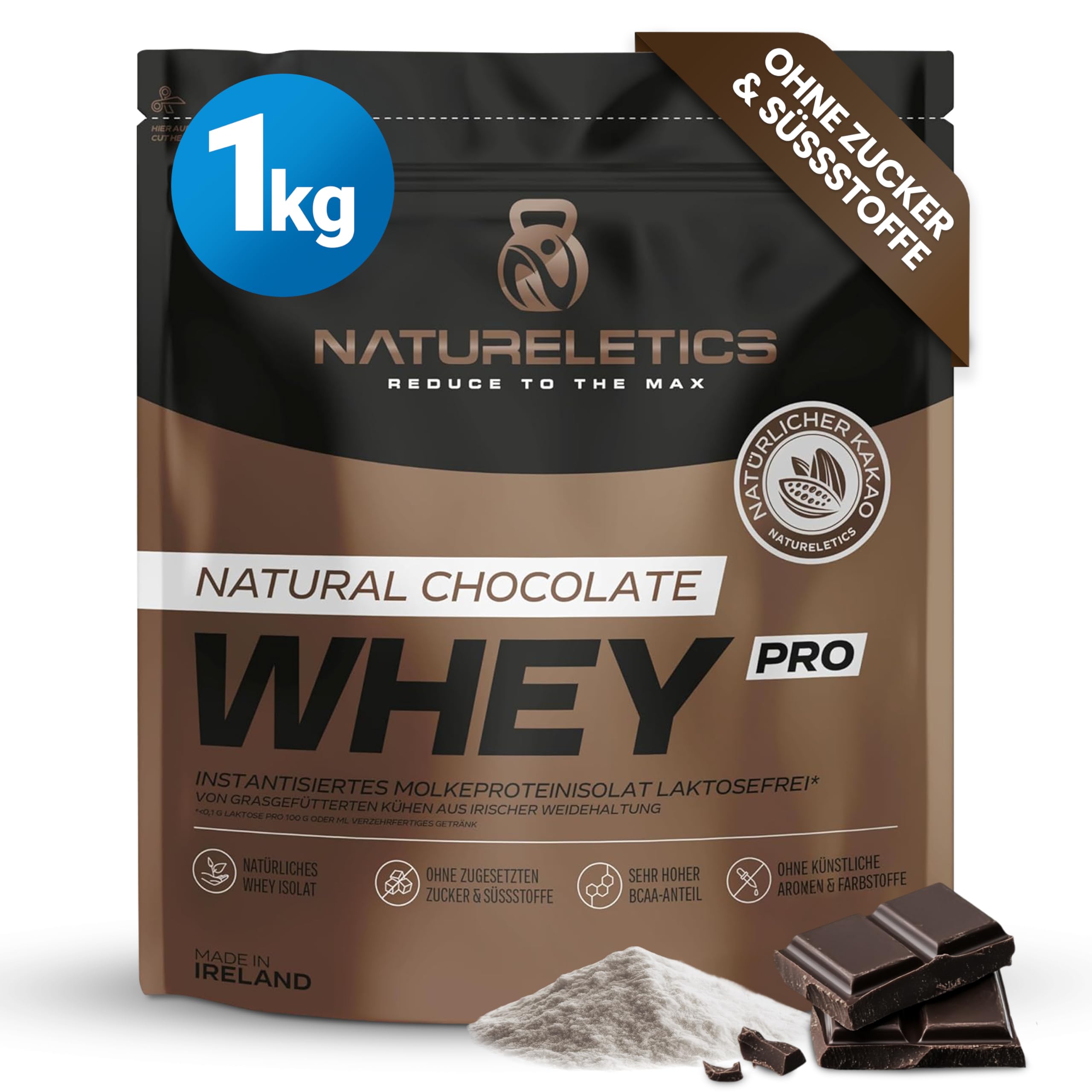 Natureletics PREMIUM WHEY ISOLAT SCHOKO, Laktosefrei, Fettarm, ohne Süßstoffe, ohne Zuckerzusatz, von grasgefütterten Kühen aus natürlicher Weidehaltung