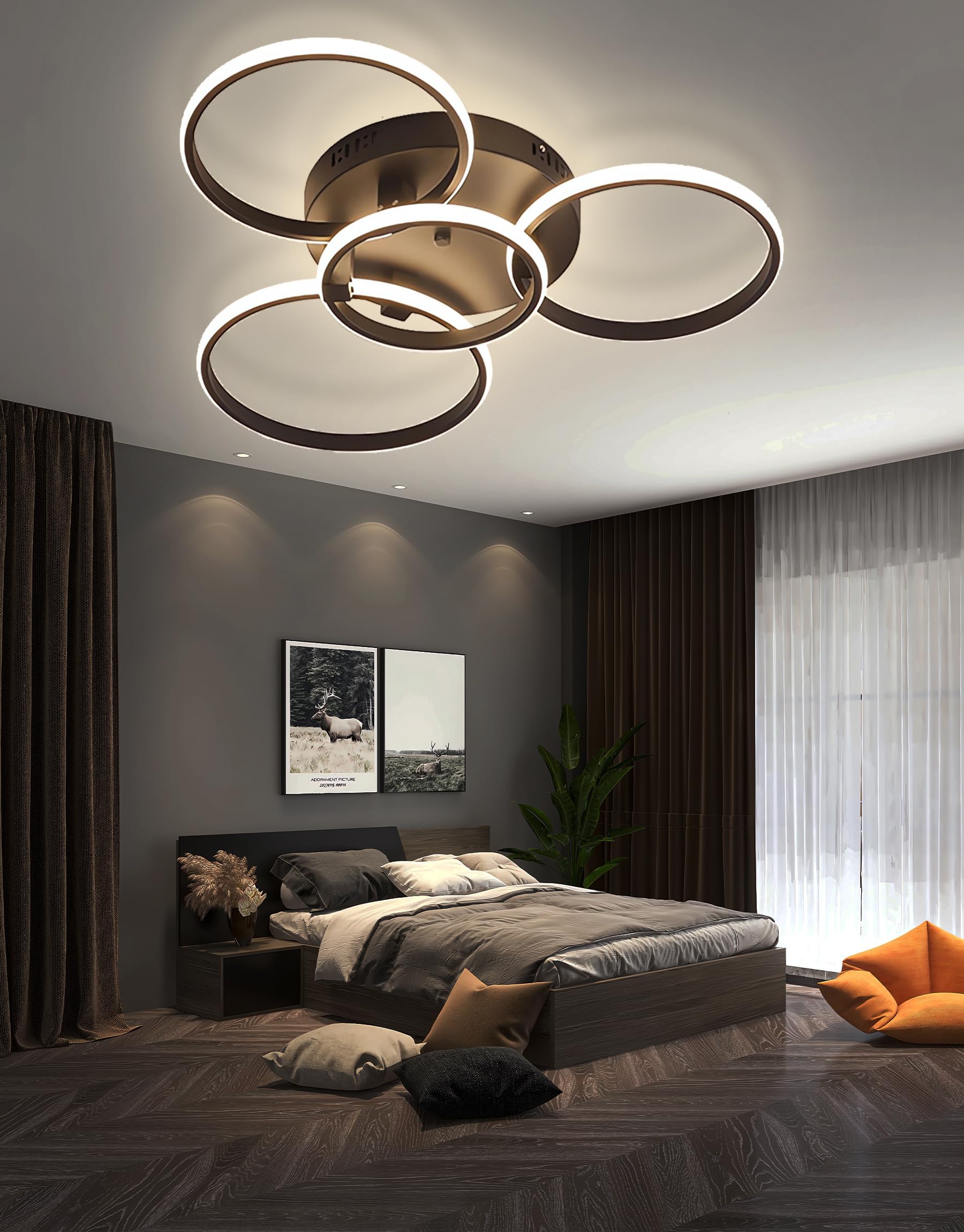 QYSMGS LED Ceiling Lighting Modern Living Room Ring Ceiling Lamps Dimmable with Remote Contro Flush Mount Ceiling Light for Living Room Bedroom Parlour (Black, 4 Rings)