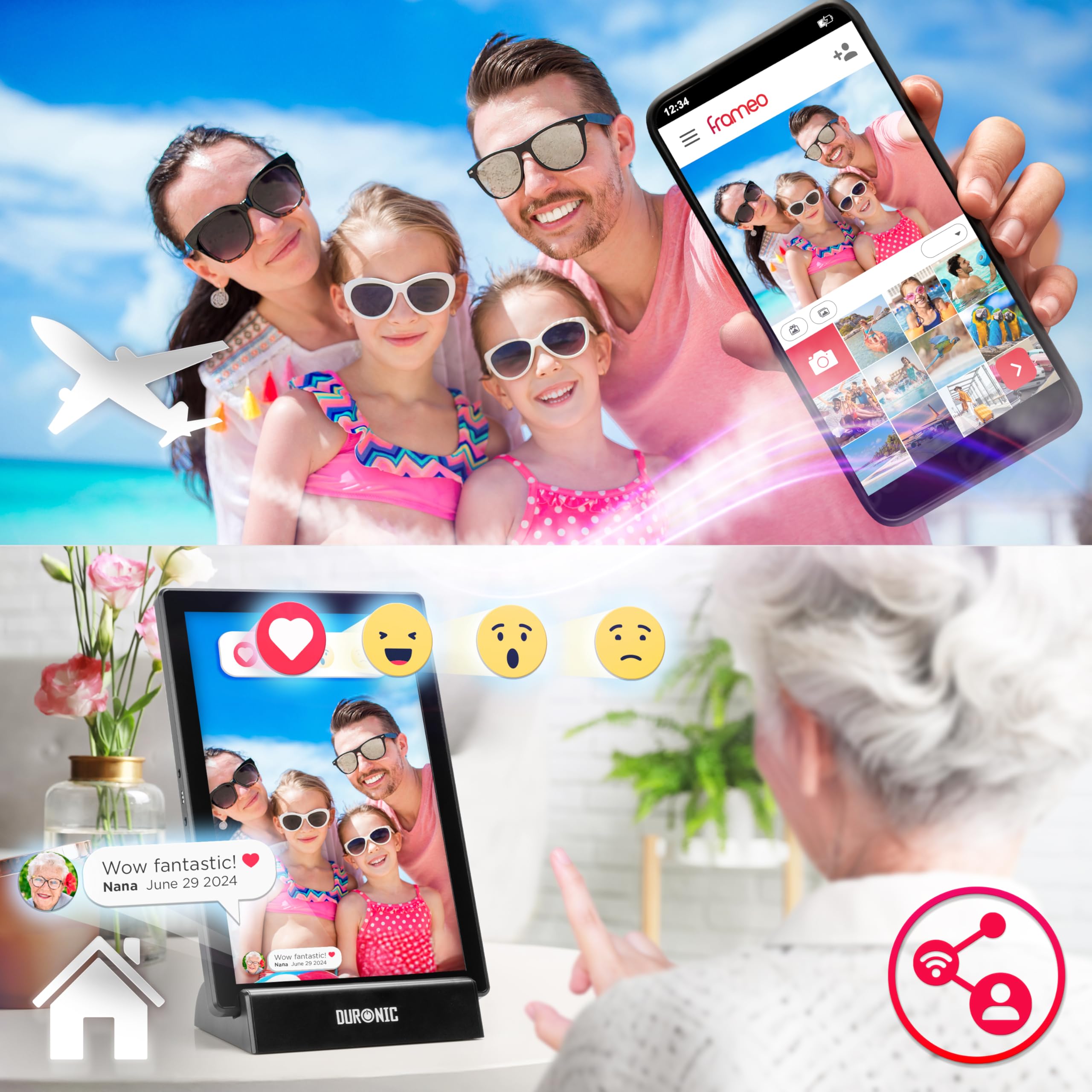 Duronic PF1D BK Cornice Digitale da 10,1 pollici Wi-Fi, Touch Screen IPS 1280x800, Memoria 32GB, USB-C, Stand Ricarica, Frameo App – Cornice Foto Elettronica Nero per Condivisione Immagini