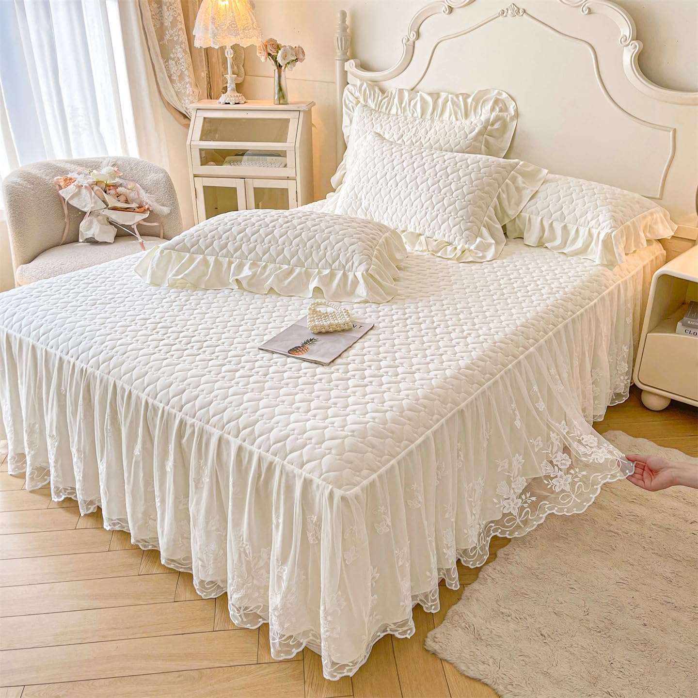 Heart Pattern Quilted Bedspread with Flower White Lace Ruffle Skirt, California King, Beige