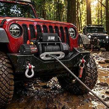 Synthetic Rope Winch 13500 LBS,12V IP68 Waterproof Electric Winch 3/8" 100ft Cable Dual Remote Aluminum Fairlead Heavy Duty Towing for Jeep Truck SUV 4WD Offroad Boat Rescue