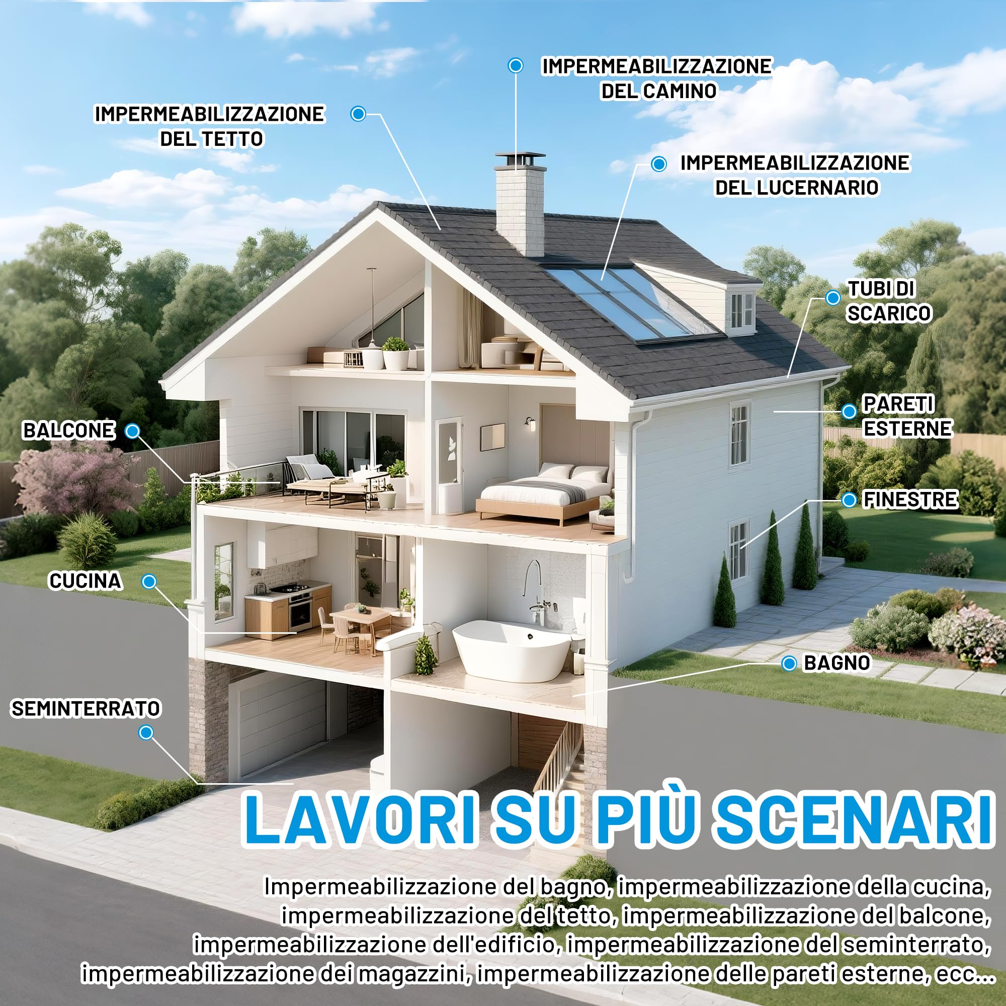 Guaina Liquida Trasparente, Hupeyna Rivestimento Impermeabile Trasparente Riparatore Anti-Perdita, Colla Impermeabilizzante a Base D'acqua per Interni ed Esterni Sigillante Impermeabile Liquido 5KG