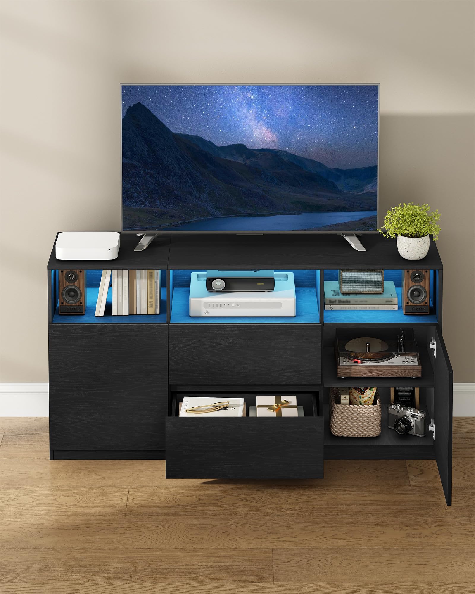Hzuaneri Mueble de TV, con Luces LED, 147 x 40 x 76 cm, Negro | Mesa de TV de hasta 65 Pulgadas, 2 Cajones, 2 Gabinete y 3 Compartimentos, para Salón, Dormitorio, TV17004XEU