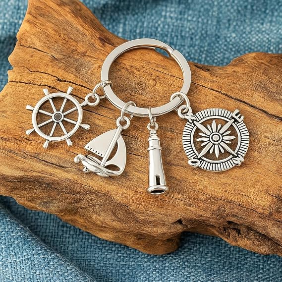Nautical Keychain Ship Wheel, Sailboat, Lighthouse, and Compass Charms, Ocean Exploration Theme, Adventure-Inspired Accessory for Bag Charms Funny Keychains Gift for Nautical Lover Men Teens Boys