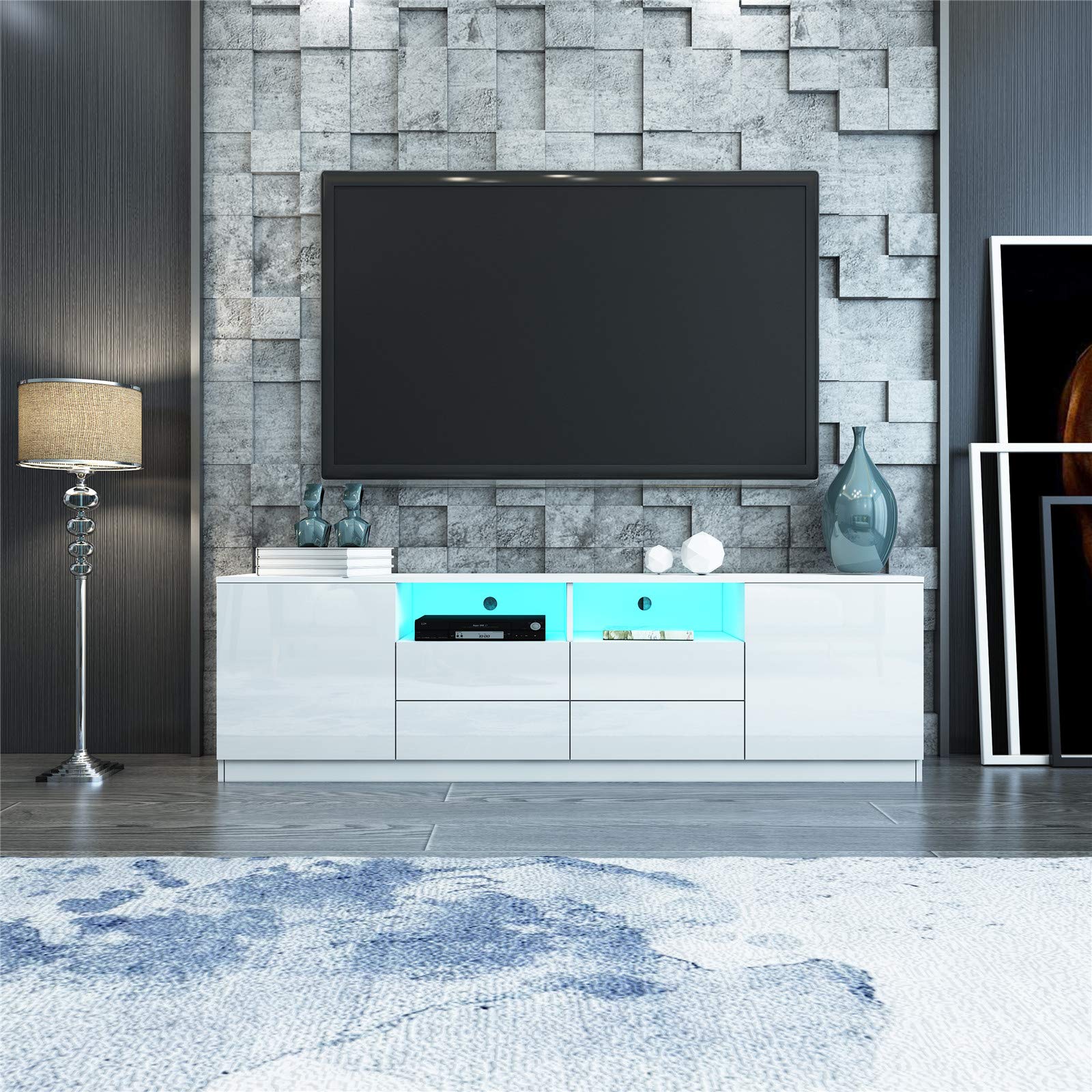 TV Lowboard für Wohnzimmer, Weiß Hochglanz TV Schrank mit LED | 2 Türen 4 Schubladen, Modernes Fernsehschrank für Wohnzimmer Schlafzimmer Möbel 180cm
