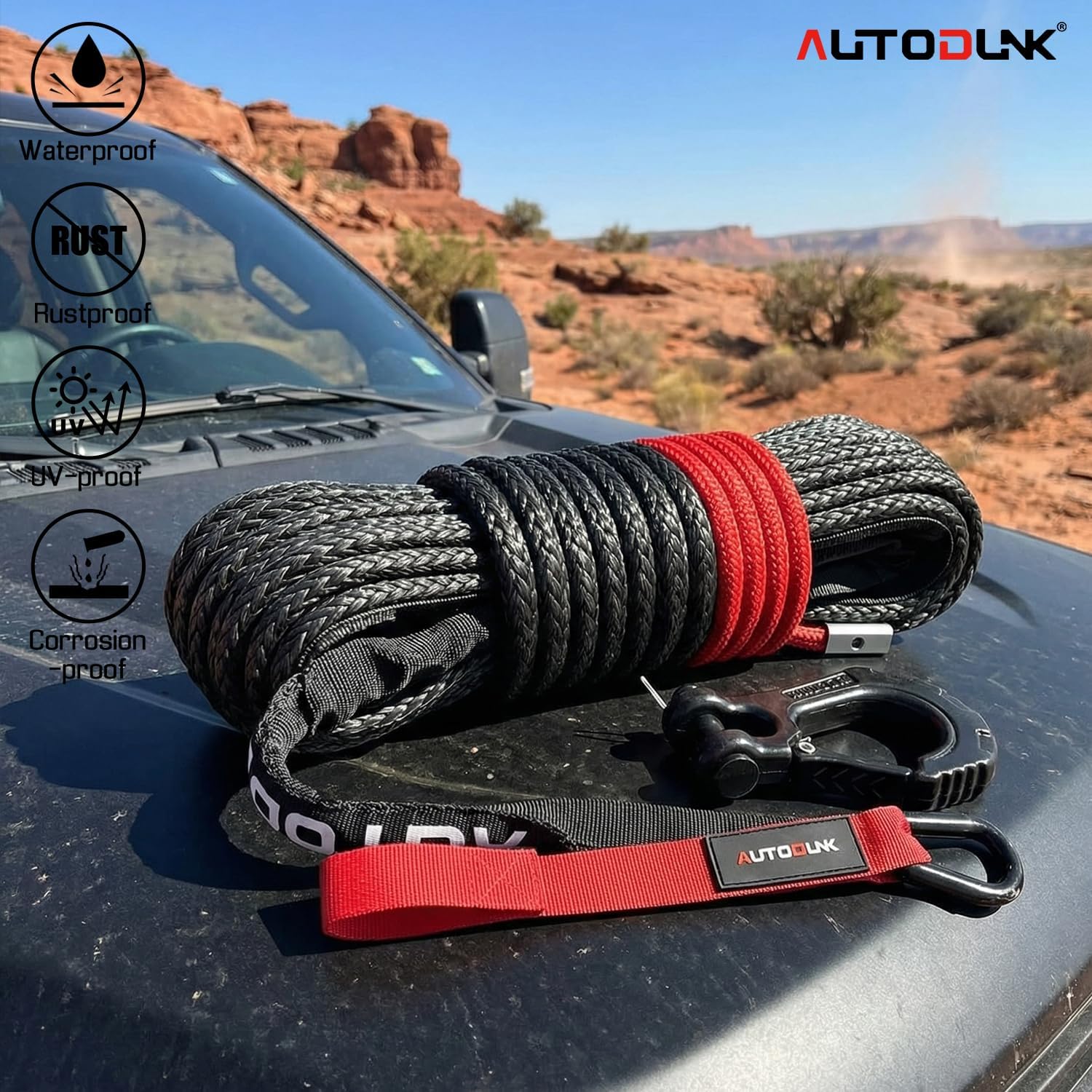 Synthetic Winch Rope - 1/4" x 50ft 10,000LBS Winch Line with Protective Sleeve, Forged Winch Hook and Rubber Stopper, Synthetic Winch Cable for 4WD ATV UTV Offroad Vehicles, Black - Image 5