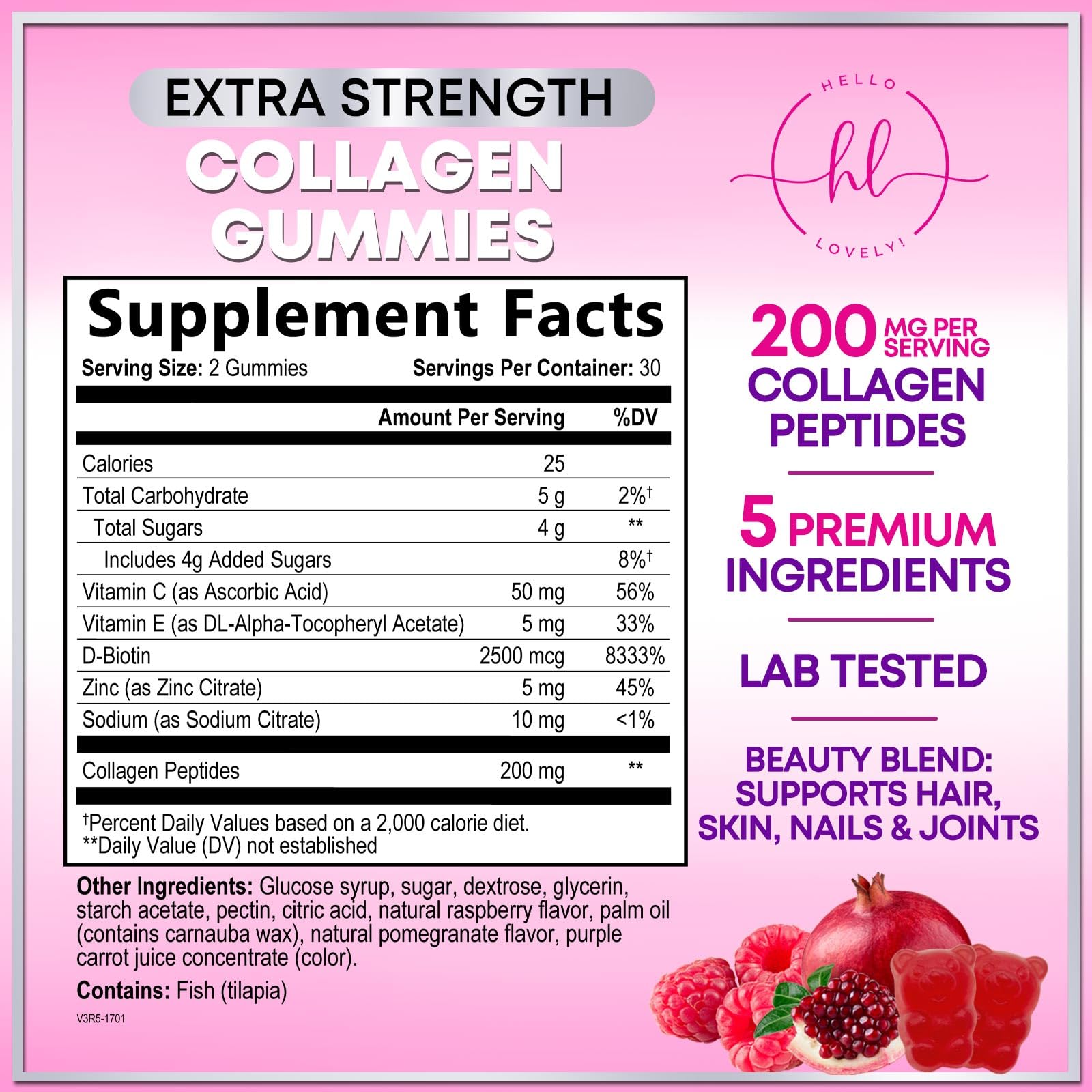 Collagen Gummies for Hair Growth - 2500 mcg D-Biotin Per Serving - Hydrolyzed Collagen Peptides Type I, III - Vitamin C & Zinc - Skin, Nails & Joint Support For Women & Men - Berry Flavor, 60 Gummies — Amazon image 2