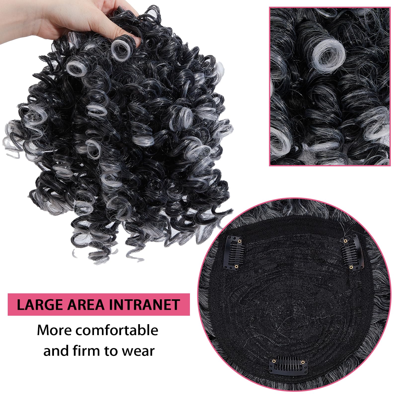 NICENEEDED Gray Curly Hair Topper, Short Natural Fake Clip-in Hair Piece Wigs - Image 2