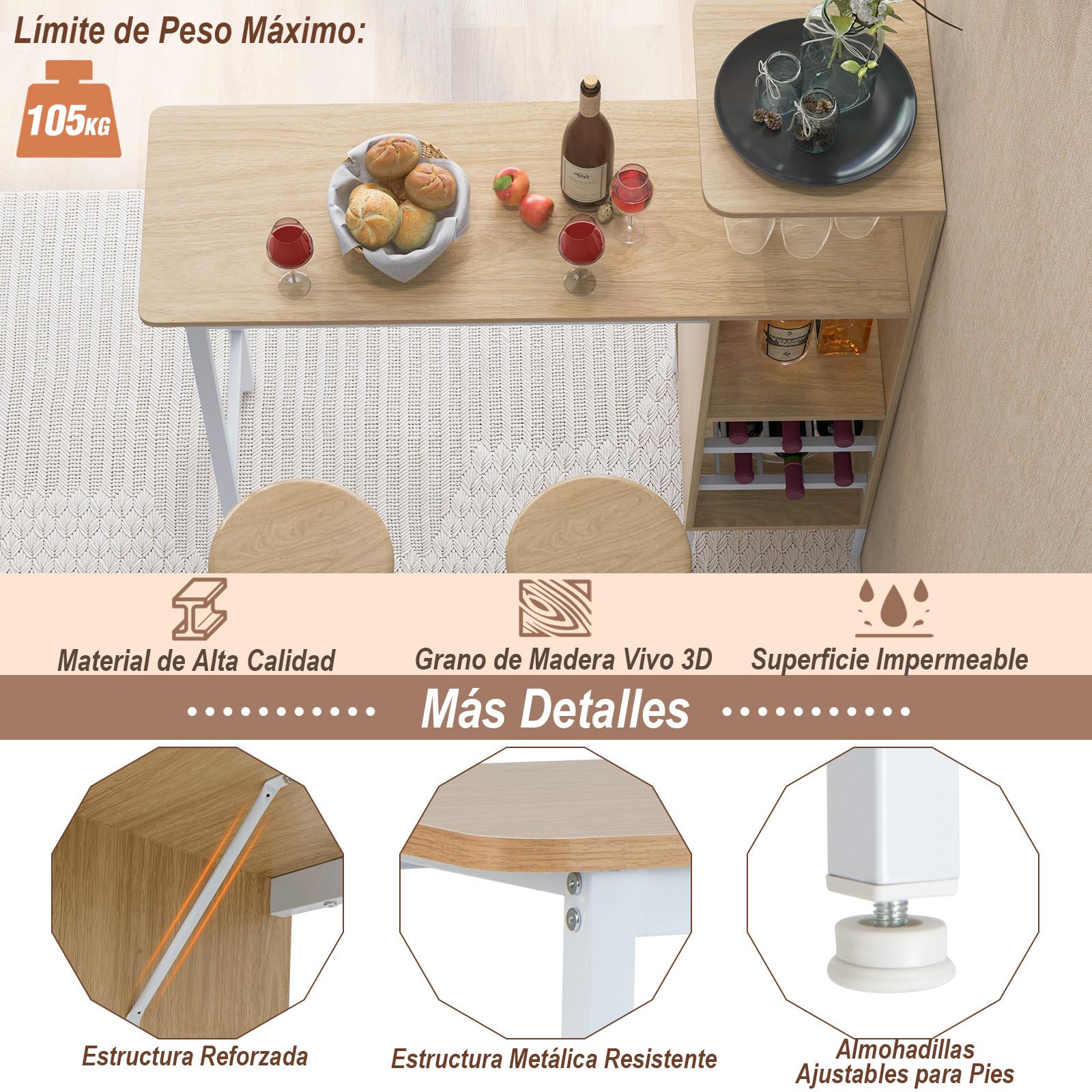 RELAX4LIFE Juego de Mesa Comedor de 3 Piezas, Mesa de Comedor con 2 Taburetes de Bar, 3 Estantes, Soportes para Copas y Portabotellas de 2 Niveles, Mesa Alta Cocina de MDF, 120x40x121,5cm (Natural)