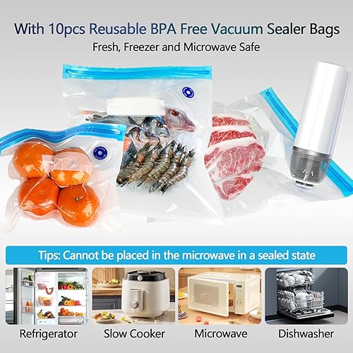 Miniatura 6 de Sellador al vacío de mano para alimentos, juego de máquina selladora al vacío inalámbrica portátil con 10 bolsas Sous Vide para almacenamiento de
