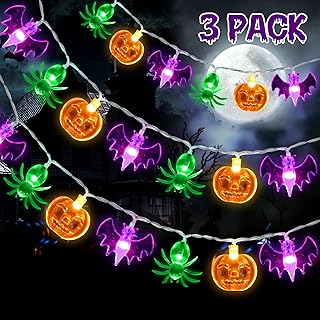 3 Pack Halloween String Lights Decorations with Timer, 30Ft 90 LED Halloween Lights 3D Bats Spider Pumpkin Lights Halloween Decor, Battery Operated String Lights Indoor Halloween Party Decorations