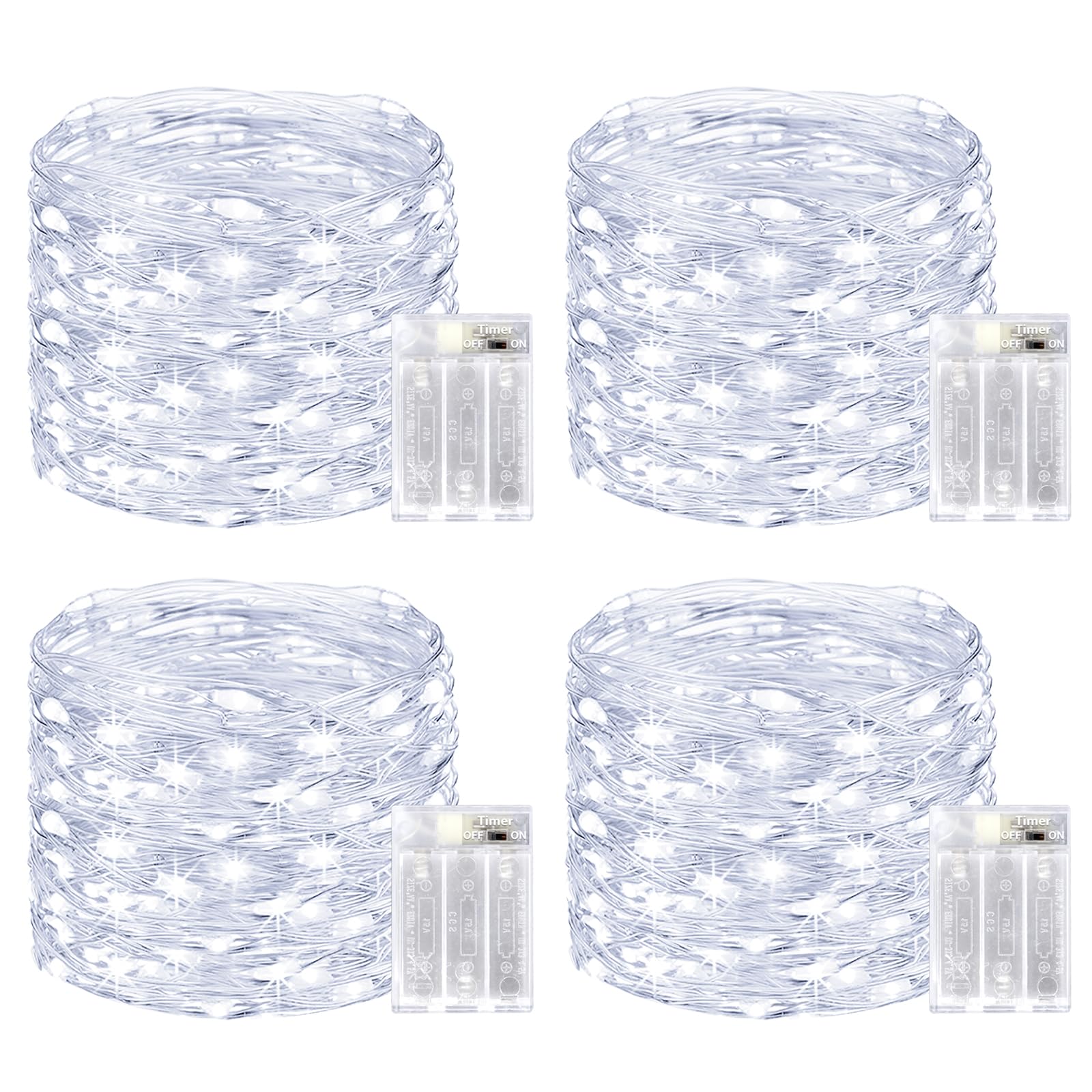 btfarm 4 Pack Fairy Lights Battery Operated with Timer, 12M 120LED Battery Fairy String Lights, Waterproof Copper Wire Christmas Decor Battery Powered Indoor Outdoor for Garden Tree Wedding-Coolwhite