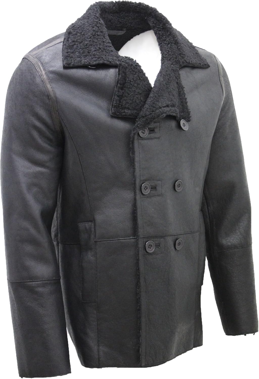 Men's Black Double Breasted Real Sheepskin Pea Coat