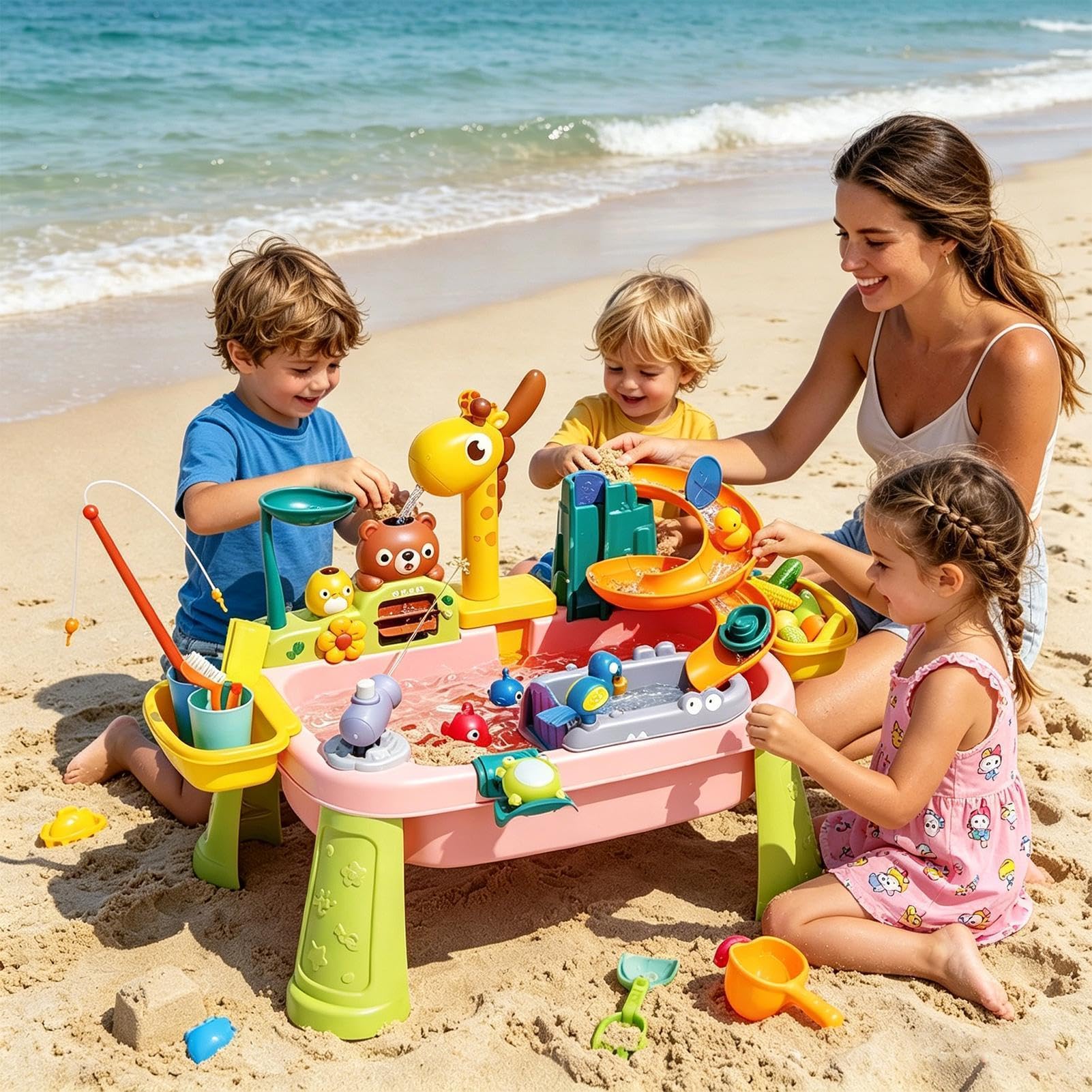 Giraffen Wassertisch Mit 17 Spielzeugzubehör 59x33x42 cm ABS Großer Wassertisch Wasserhahn Angelspiel Spielküchenspüle Fließendem Wasser Spielzeug