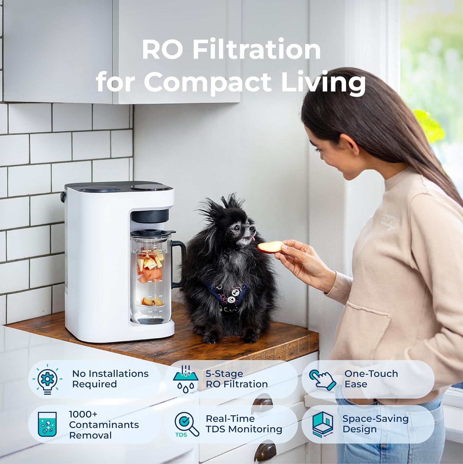 Bluevua RO100ROPOT-Lite Countertop Reverse Osmosis Water Filter System, 3:1 Pure to Drain Ratio, Portable RO Filtration with Remineralization, No Installation, WQA Certified, 6-Stage White