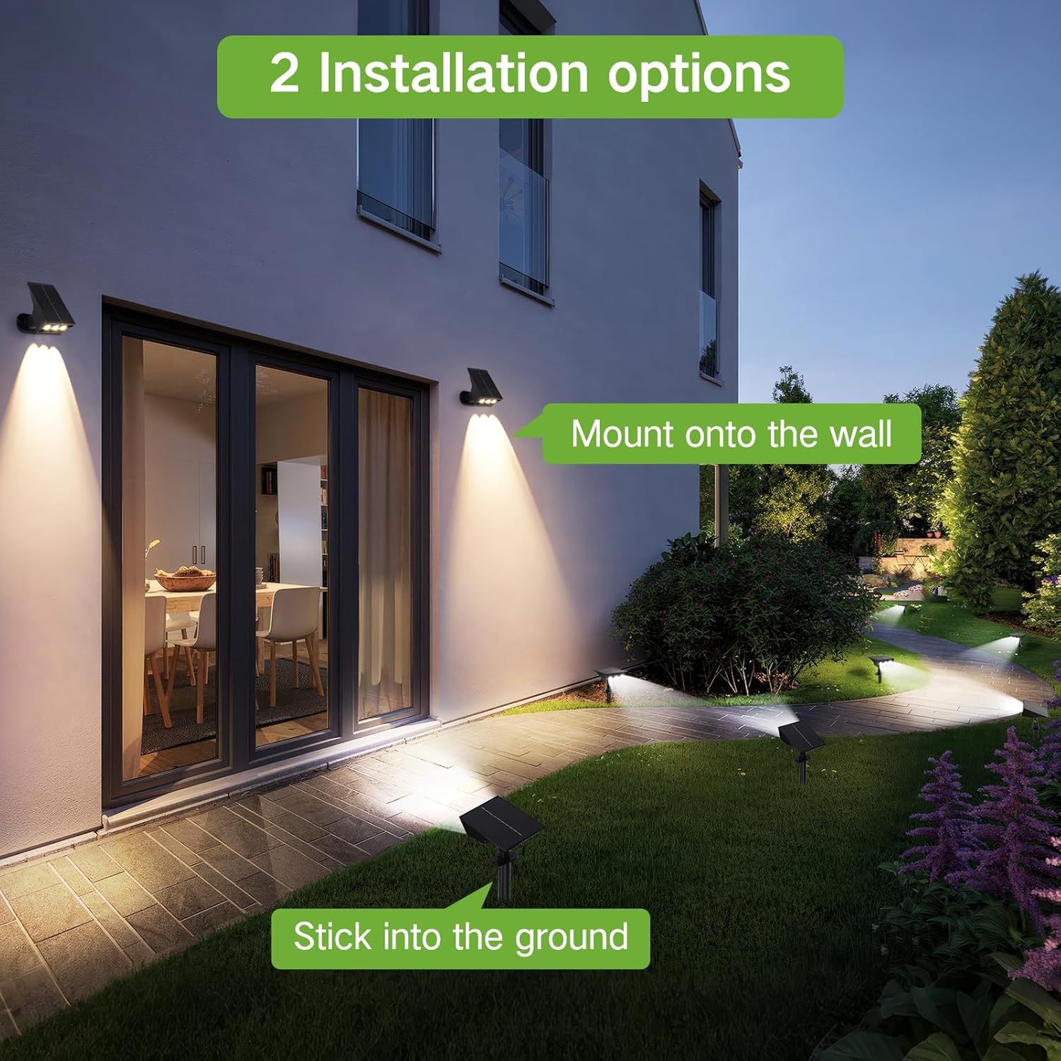 OUTON Solar Spot Lights Outdoor, 5 Lighting Modes IP65 Waterproof Solar Powered Garden Light, Dusk-to-Dawn Auto On/Off Outside Light, LED Spotlights for Landscape Yard Pathway House, 4 Pack