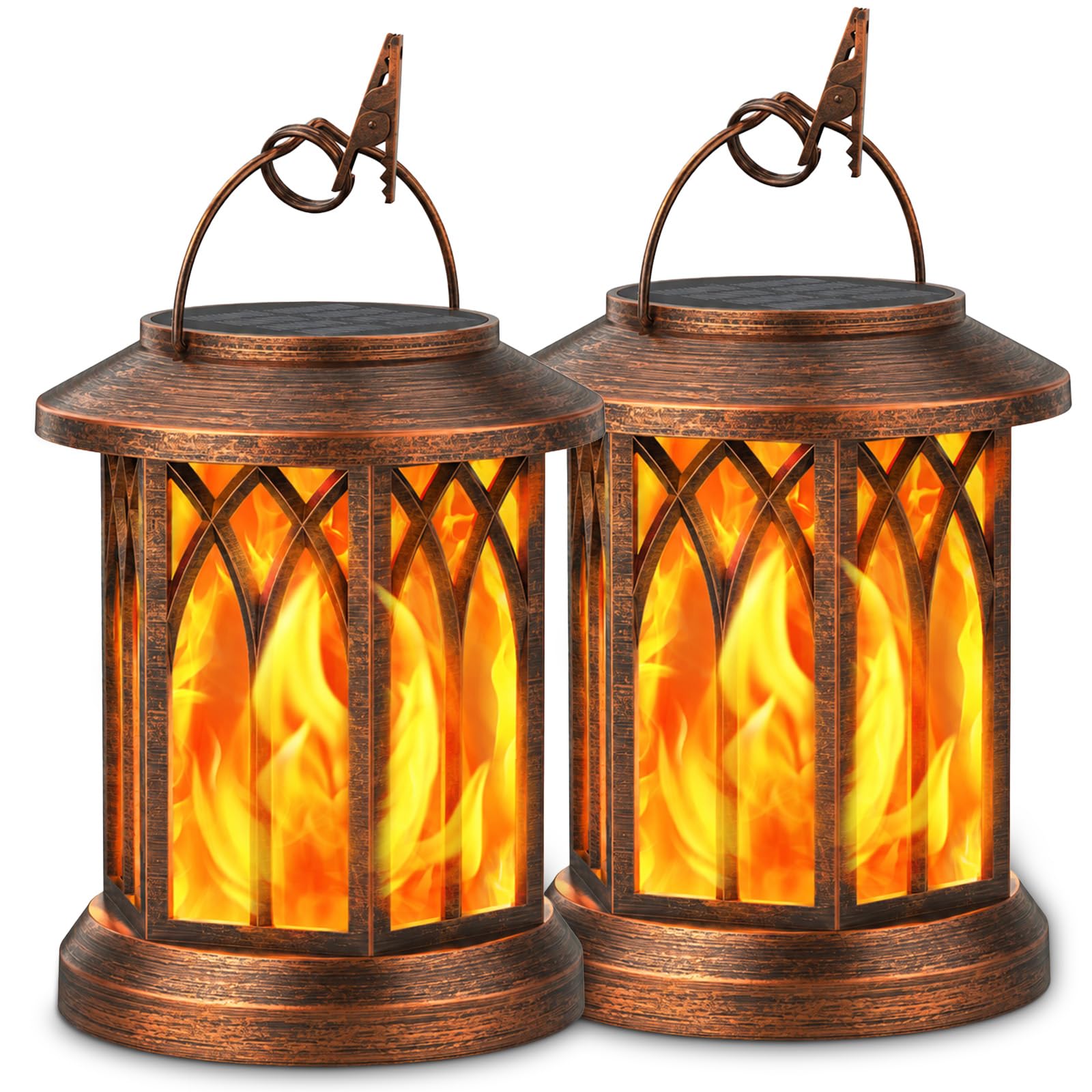 KOOPER Hanging Solar Lights Lantern Outdoor, 2 Pack Flickering Flames Solar Outdoor Lights, Solar Lanterns Outdoor Waterproof with Bigger Panel, Lanterns Decorative Outdoor for Garden Decor (Copper)