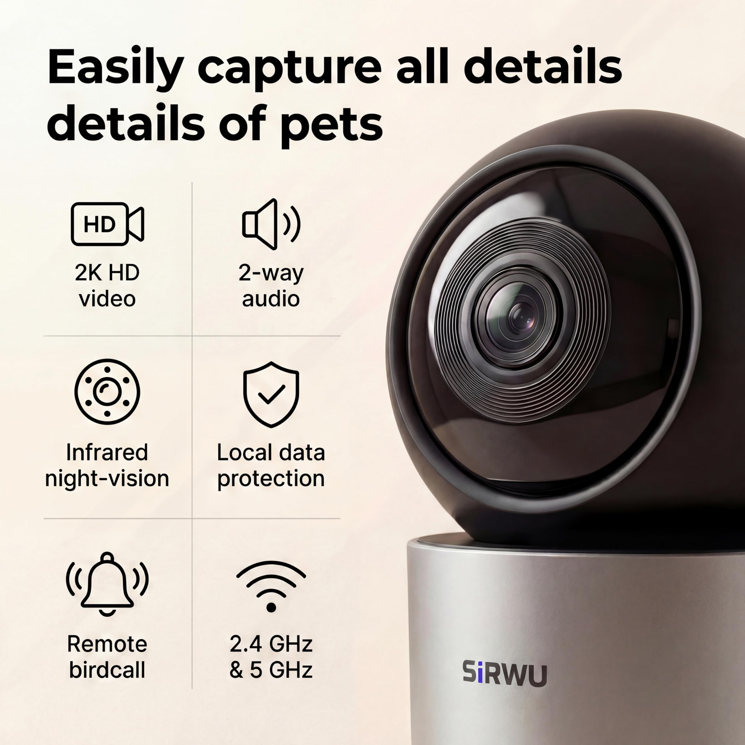 Cámara AI para mascotas, cámara para perros 2K 3MP con reconocimiento y análisis de comportamiento de múltiples mascotas con IA, monitor de gato de visión de 360°, WiFi de doble banda, gris