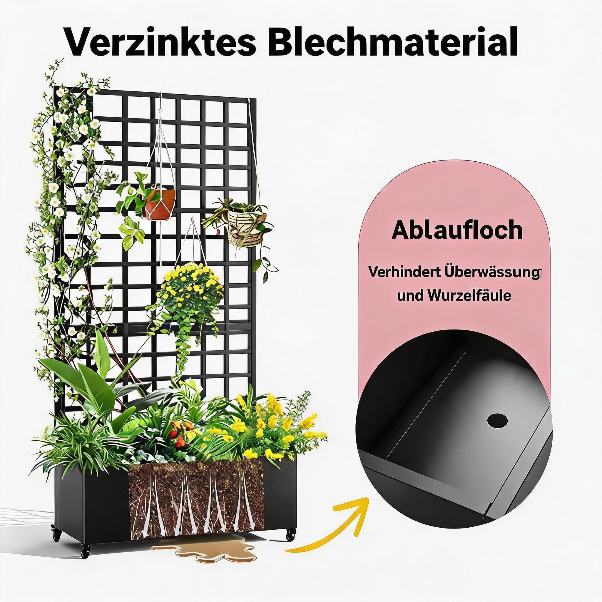 Pflanzkasten Mit Sichtschutz, Metall Blumenkasten Mit Spalier, Hochbeet Mit Rankgitter & Rollen & Drainageloch, Pflanzkübel Hoch 183x119x45cm Für Garten, Balkon Und Terrasse, Schwarz-A
