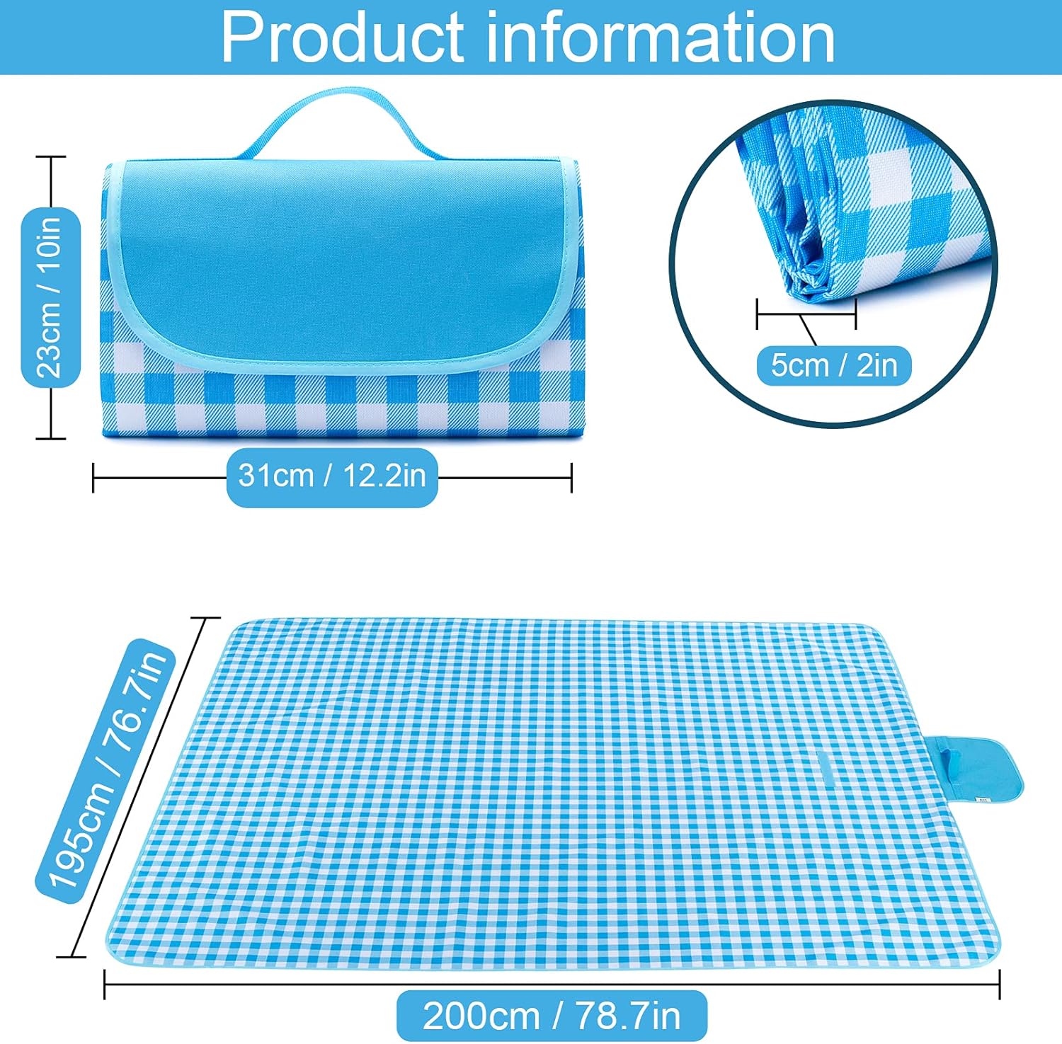 Khservise Lightweight Waterproof Large Picnic & Beach Blanket Rug Handy Mat Tote Plus Thick Dual Layers Waterproof and Easy Clean-up Picnic Mat for Family,Friends, Kids, 79"x77" (Blue-White) : Patio, Lawn & Garden