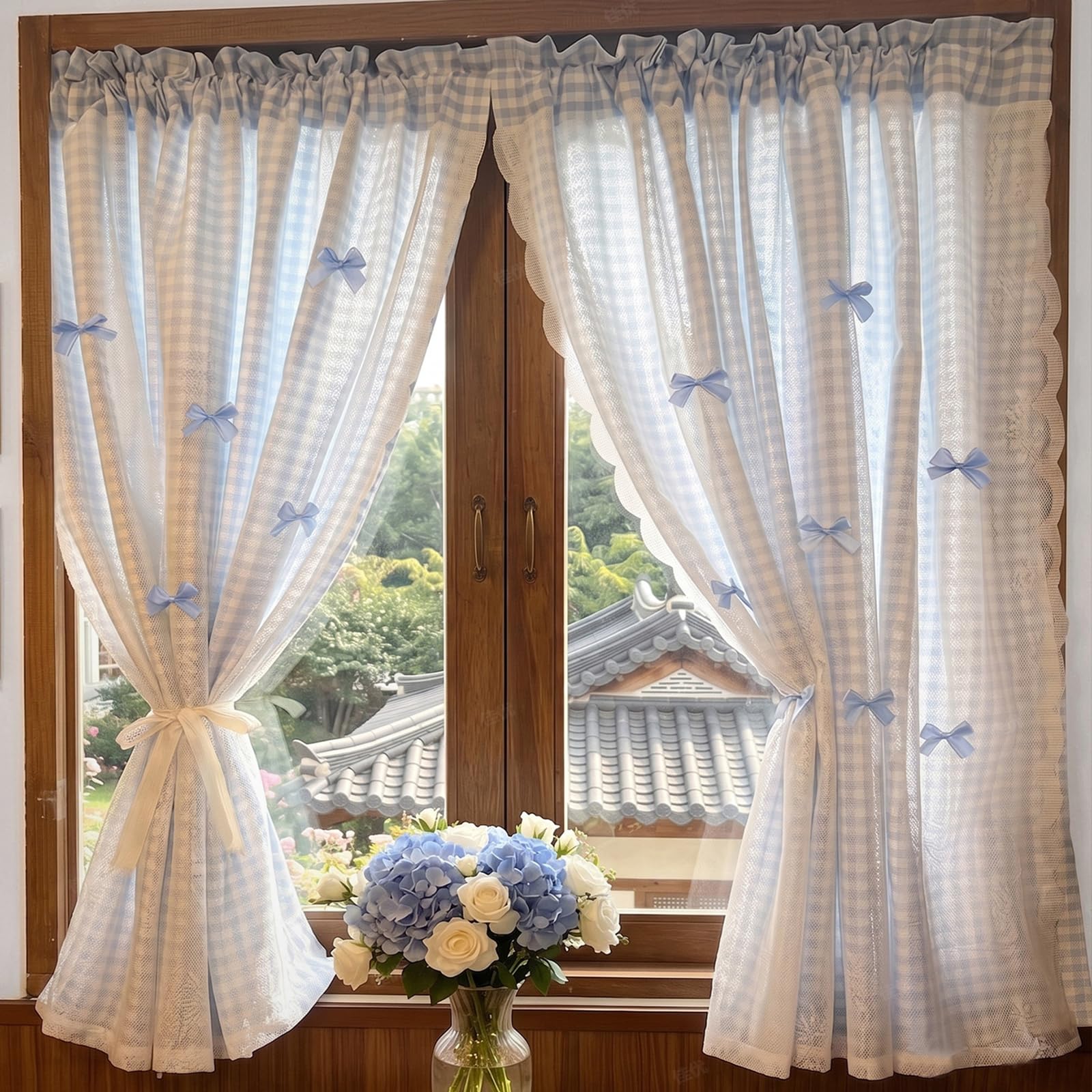 Generico Tenda Quadretti Morbida, Tende in Tulle a Doppio Strato con Lacci,Set da 2,A,W*H:200x150cm/79x59″