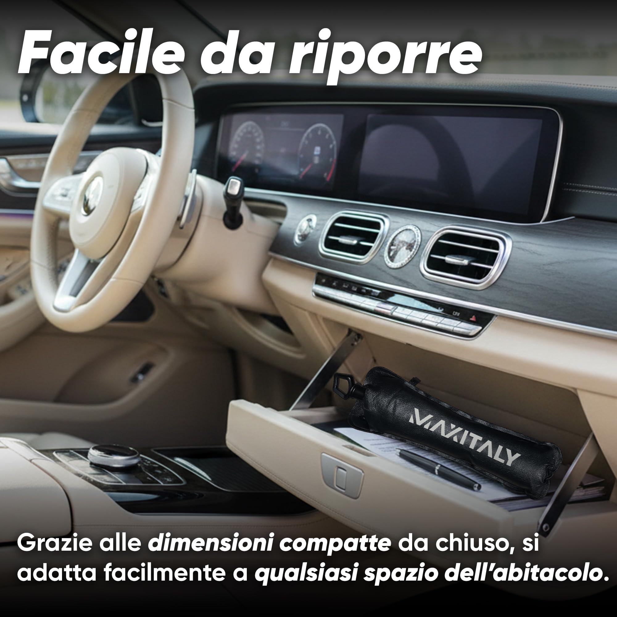 MAXITALY Ombrello Parasole Auto 138x75CM, Manico Pieghevole 360° Fibra Ossea, Parasole Auto Parabrezza Interno Fibra Riflettente Argento E Titanio, Ampia Compatibilità - Accessori Auto Premium