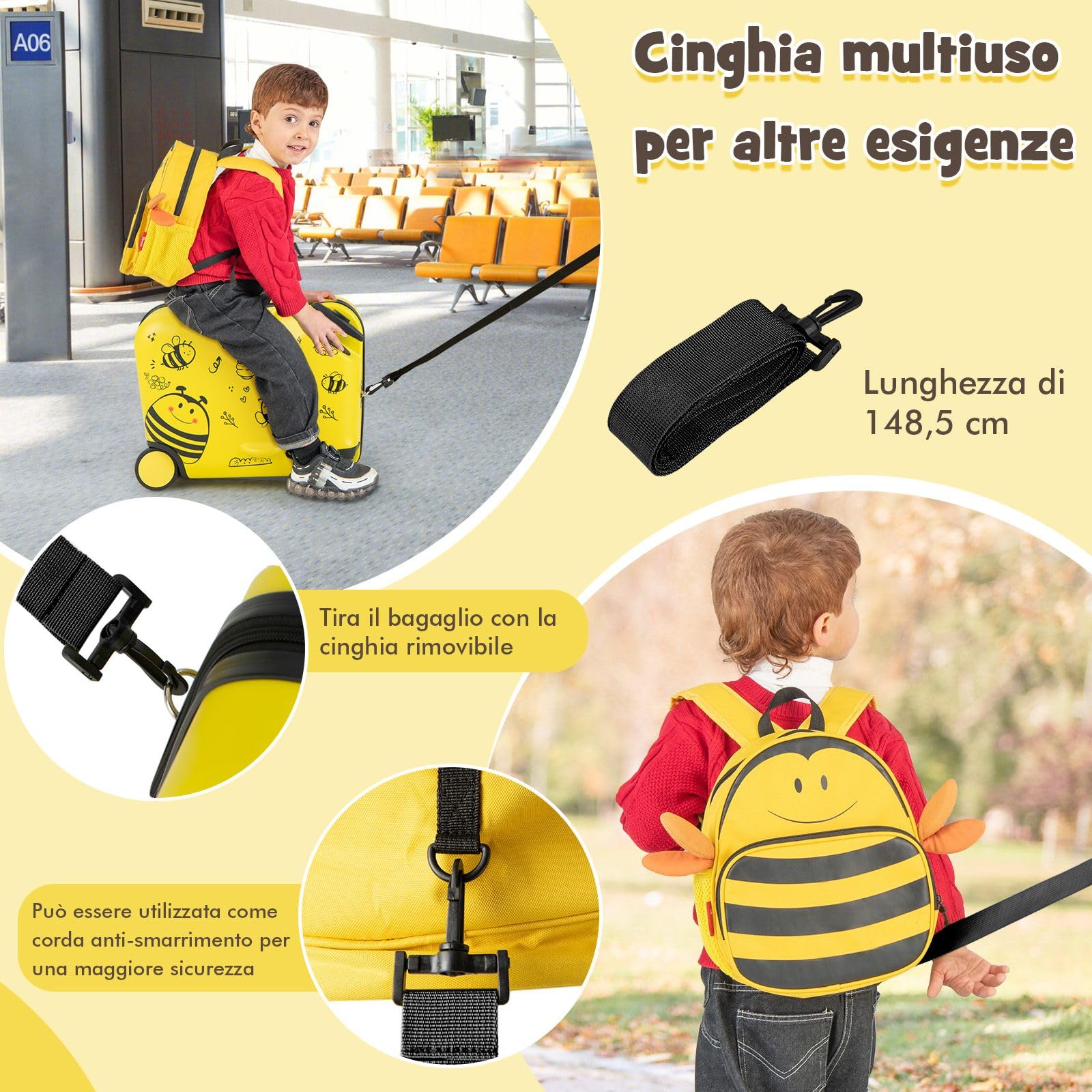 RELAX4LIFE Set Valigia Cavalcabile/Trolley per Bambini 18‘’ con Zaino 12‘’, 4 Ruote Girevoli, Maniglia Retrattile 56cm, 2 Cingie Multiuso, Zaino: 26x30cm/Trolley:47x26,5x36,5cm (Giallo)