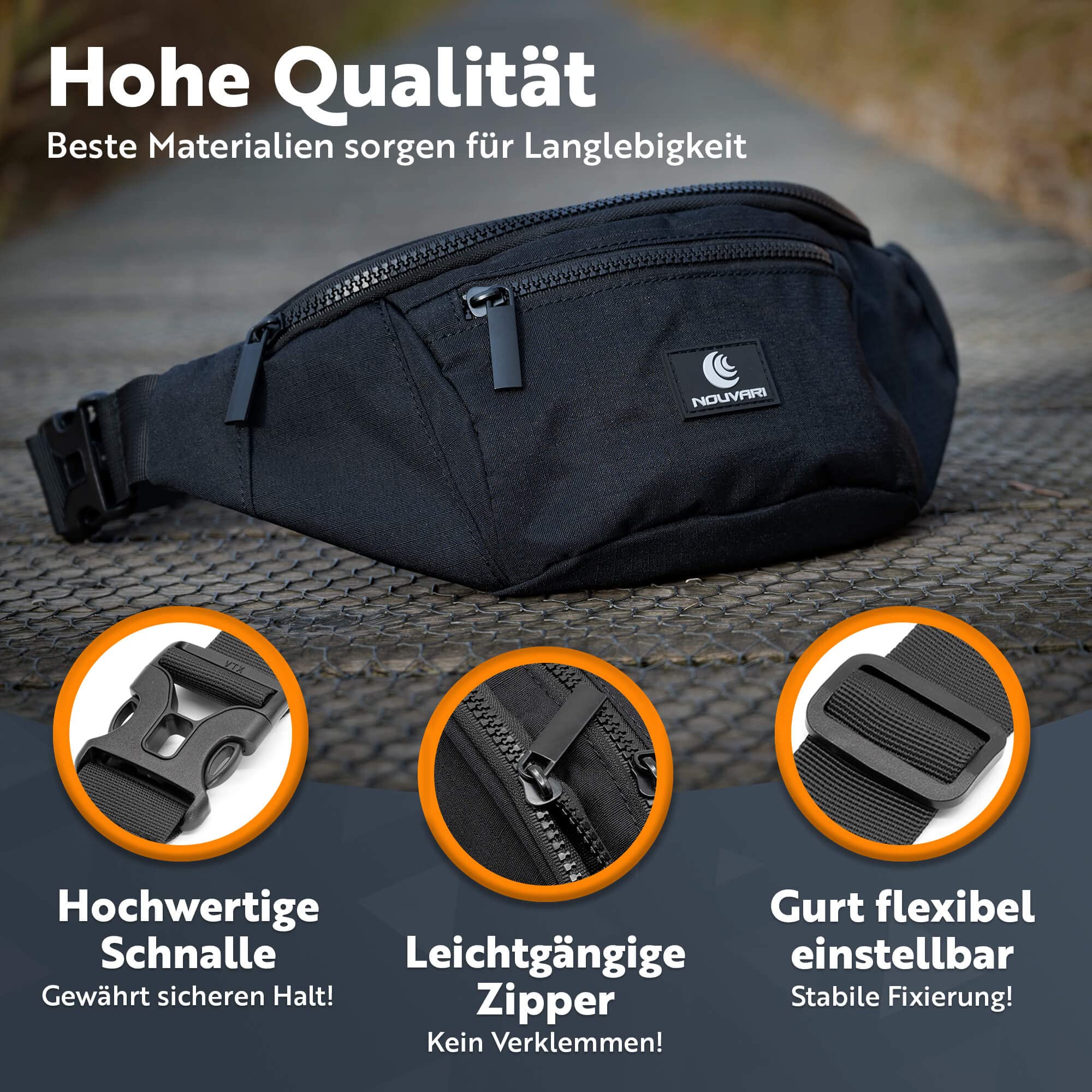 Bauchtasche Herren und Damen Schwarz Hüfttasche für Festival, Camping & Sport Unisex Wasserabweisende Gürteltasche für Reisen, Outdoor & Wandern (Schwarz)
