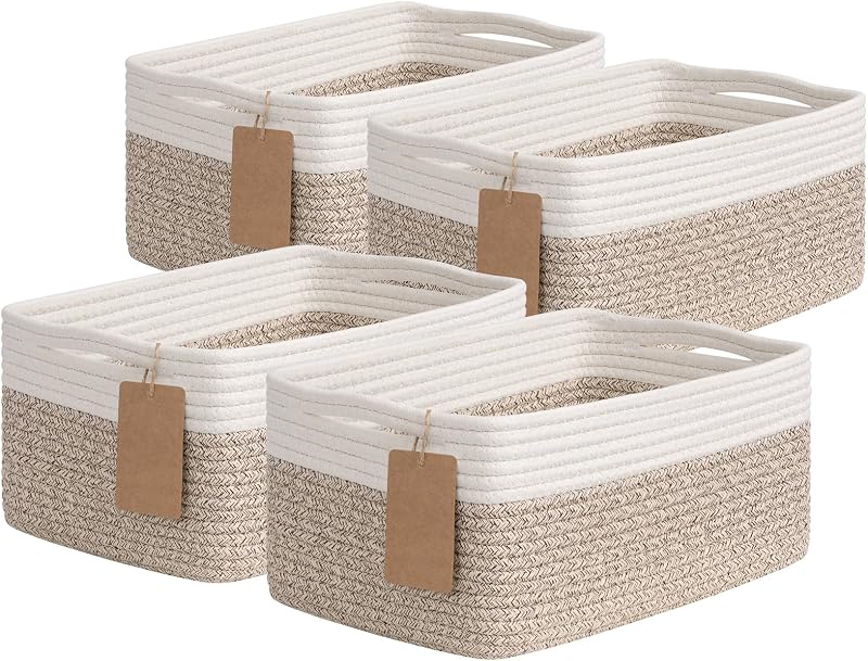 4 Pack Storage Baskets for Organizing Shelves, Light Brown & White | 13" x 8" x 6" Woven Rope Baskets for Baby Toys & Diapers, Decorative Gift Basket for Home & Nursery, Rectangle Design