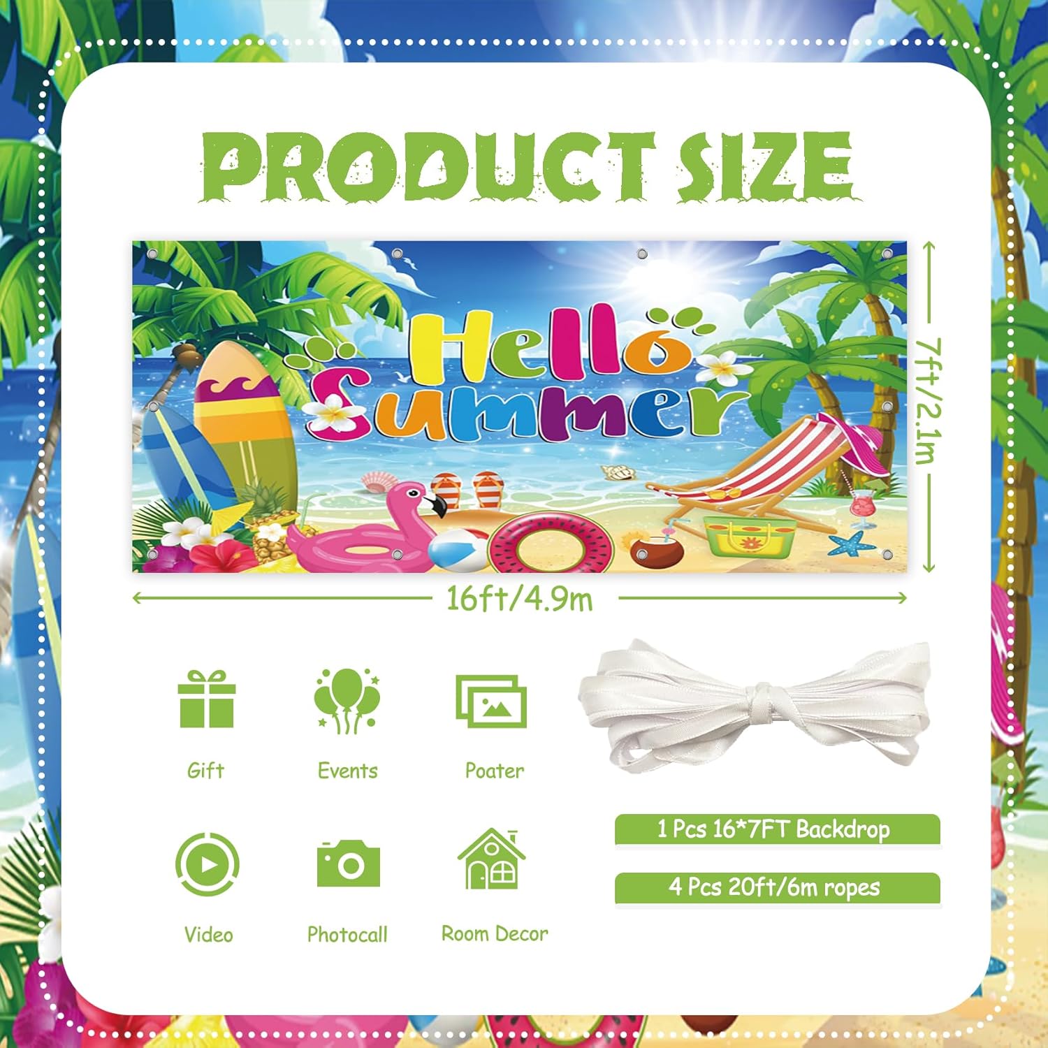 CSFOTO 7x16ft Hello Summer Garage Door Decorative Banner Beach Pool Party Decoration Banner Outdoor Large Garage Door Cover Summer Vacation Portrait Photography Props
