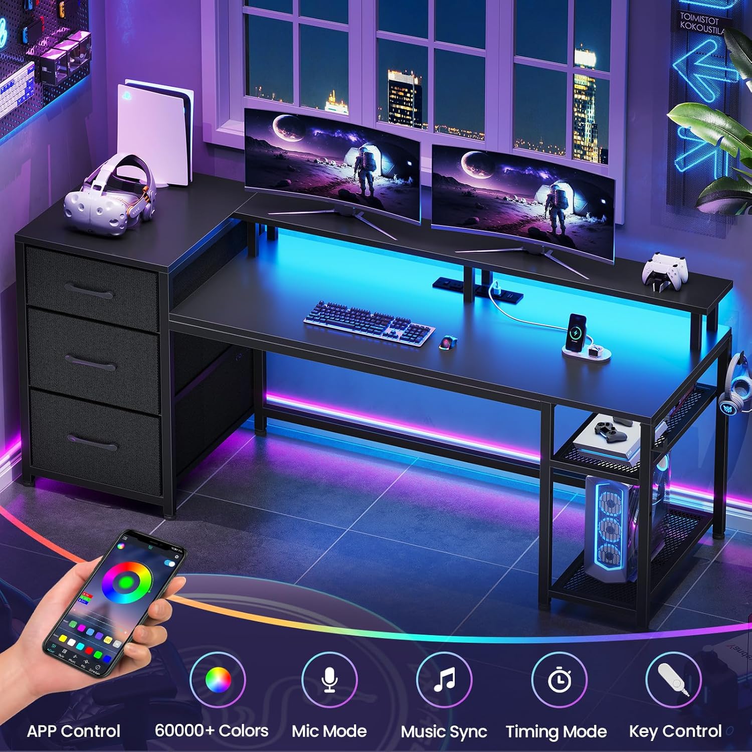 Desk with LED lights illuminating the workspace, controlled by a smartphone app